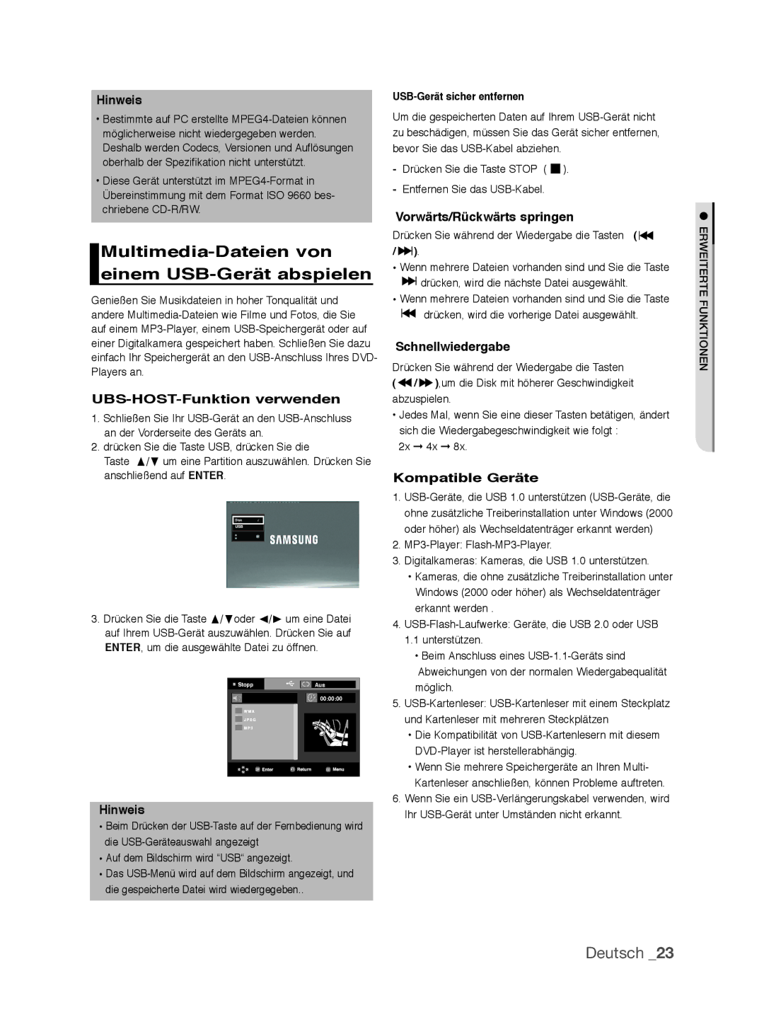 Samsung DVD-P390/XEL Multimedia-Dateien von einem USB-Gerät abspielen, UBS-HOST-Funktion verwenden, Schnellwiedergabe 