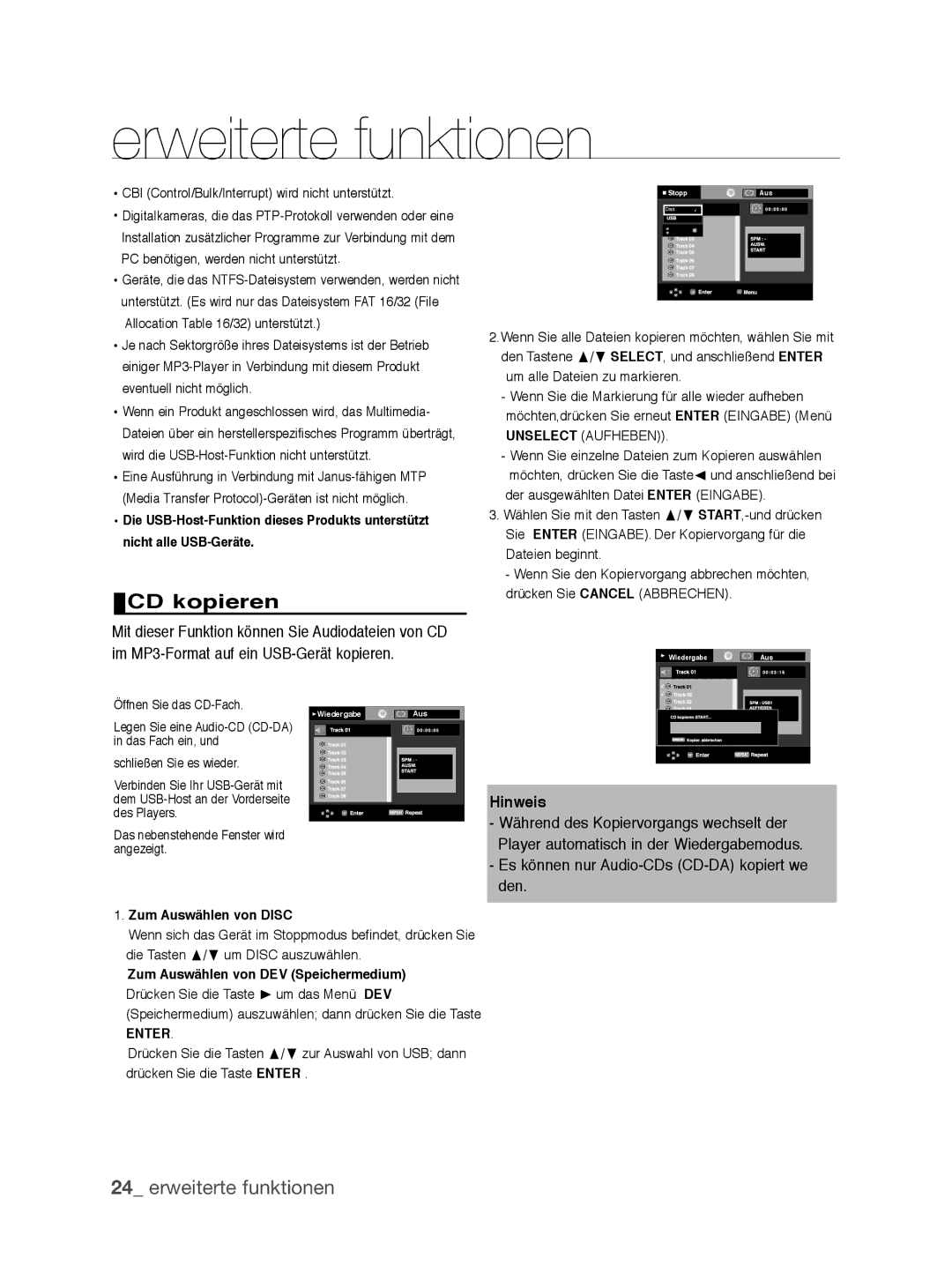 Samsung DVD-P390/EDC, DVD-P390/XEL manual CD kopieren, Es können nur Audio-CDs CD-DA kopiert we den, Zum Auswählen von Disc 