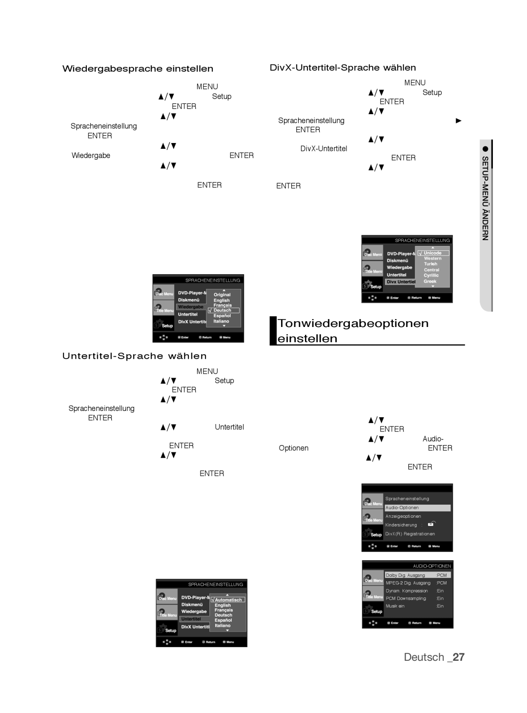 Samsung DVD-P390/XEL manual Tonwiedergabeoptionen einstellen, Wiedergabesprache einstellen, Untertitel-Sprache wählen 