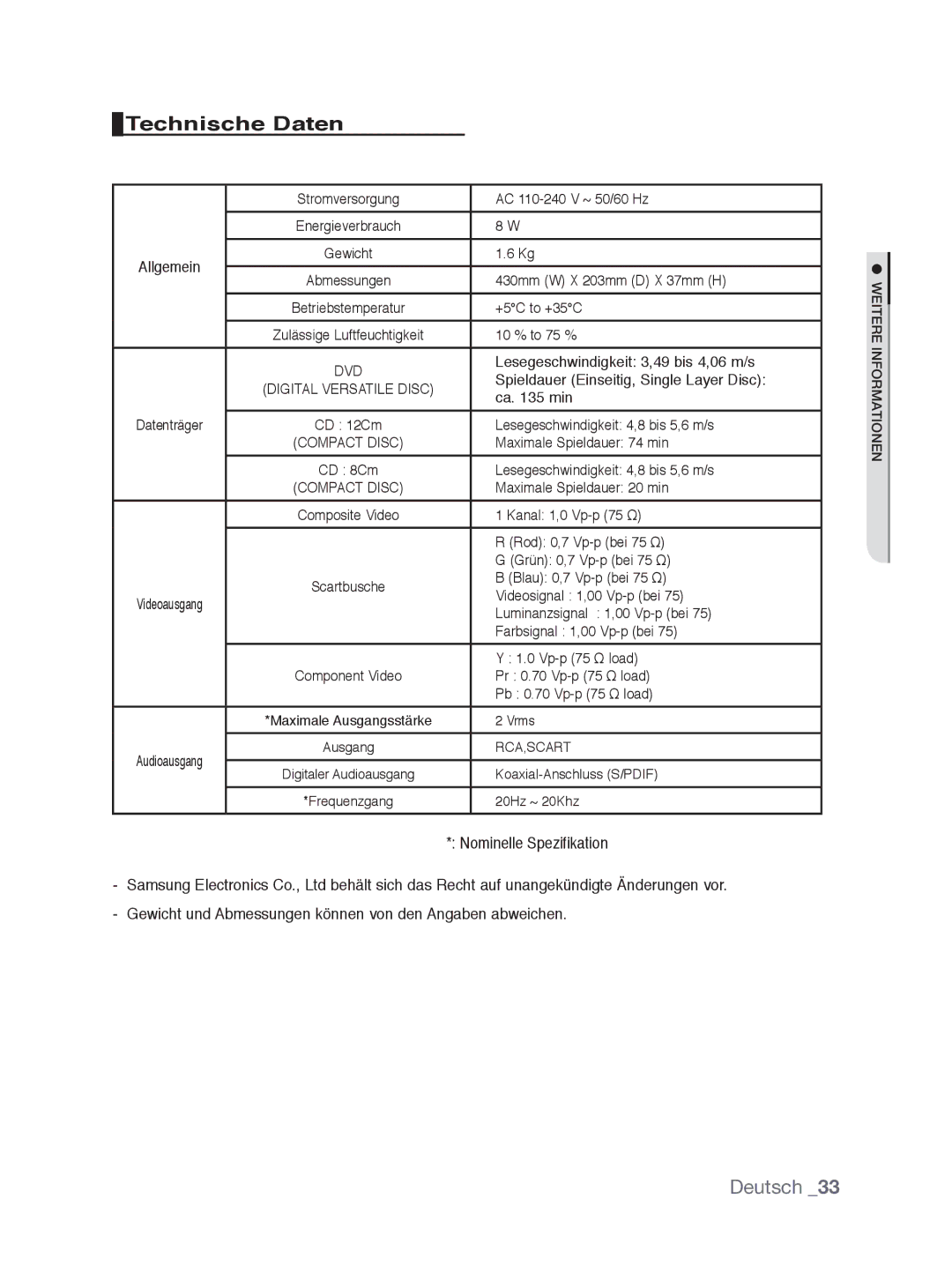 Samsung DVD-P390/XEL, DVD-P390/EDC manual Technische Daten 