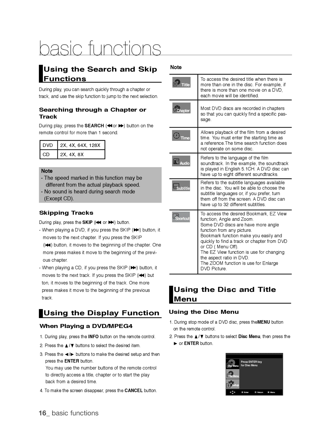 Samsung DVD-P390/EDC manual Using the Search and Skip Functions, Using the Display Function, Using the Disc and Title Menu 