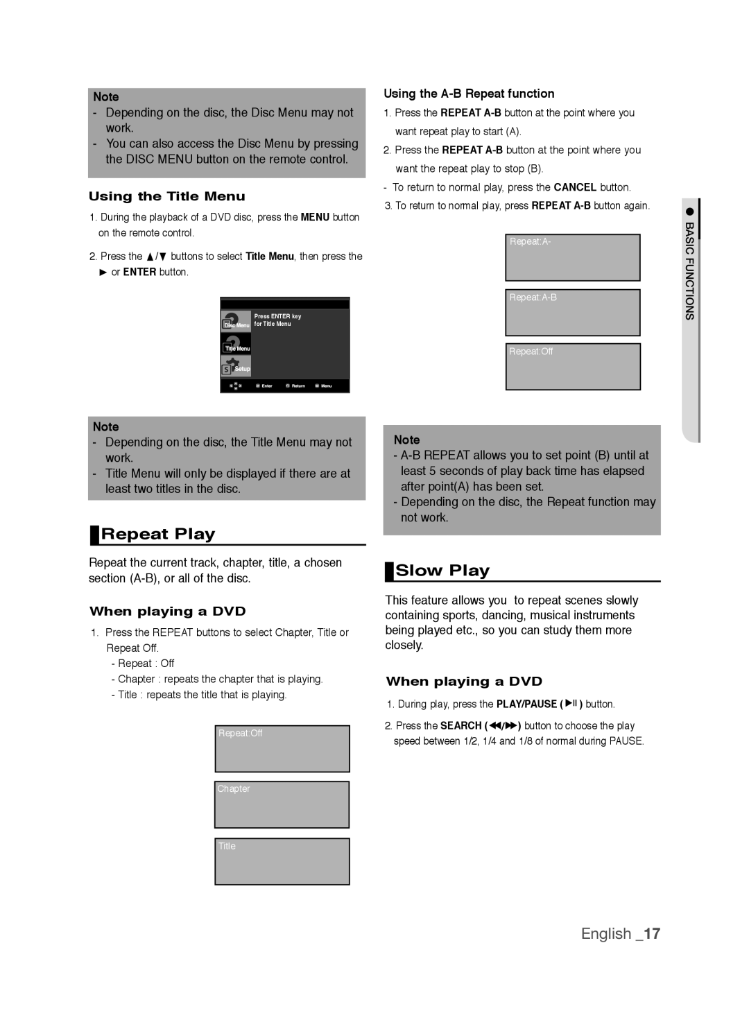 Samsung DVD-P390/XEL manual Repeat Play, Slow Play, Using the Title Menu, Using the A-B Repeat function, When playing a DVD 