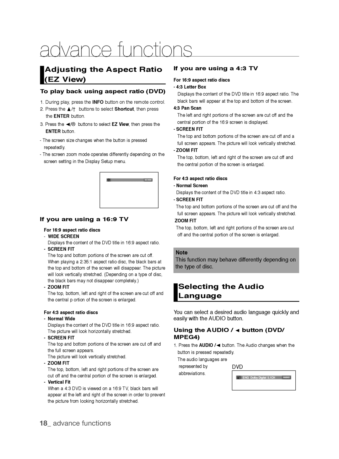 Samsung DVD-P390/EDC, DVD-P390/XEL Advance functions, Adjusting the Aspect Ratio EZ View, Selecting the Audio Language 