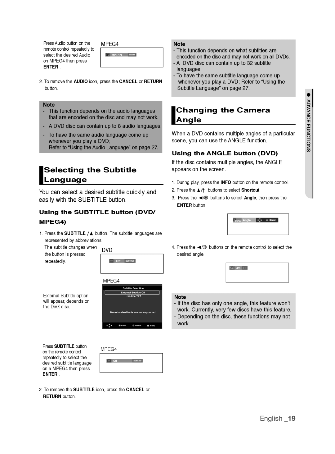 Samsung DVD-P390/XEL Selecting the Subtitle Language, Changing the Camera Angle, Using the Subtitle button DVD/ MPEG4 