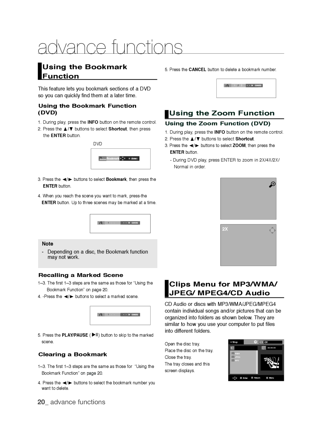 Samsung DVD-P390/EDC Using the Bookmark Function, Using the Zoom Function, Clips Menu for MP3/WMA/ JPEG/ MPEG4/CD Audio 