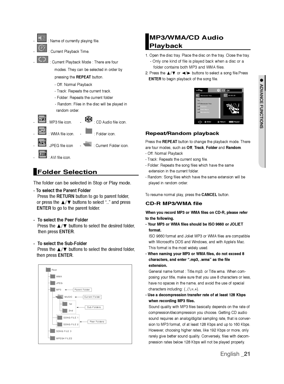 Samsung DVD-P390/XEL, DVD-P390/EDC manual Folder Selection, MP3/WMA/CD Audio Playback 