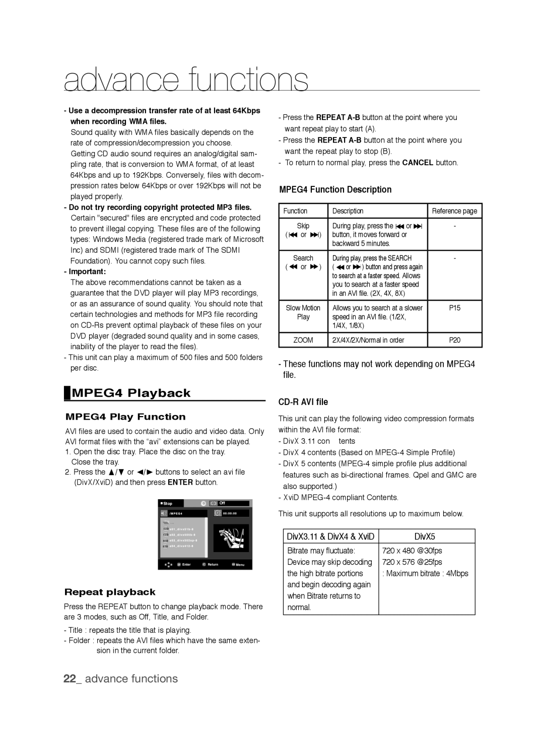 Samsung DVD-P390/EDC manual MPEG4 Playback, MPEG4 Function Description, MPEG4 Play Function, Repeat playback, CD-R AVI file 