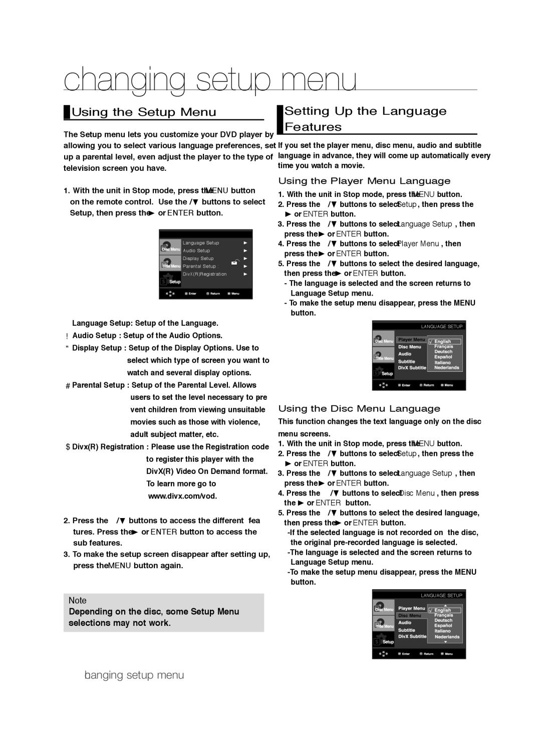 Samsung DVD-P390/EDC, DVD-P390/XEL manual Changing setup menu, Using the Setup Menu, Setting Up the Language Features 