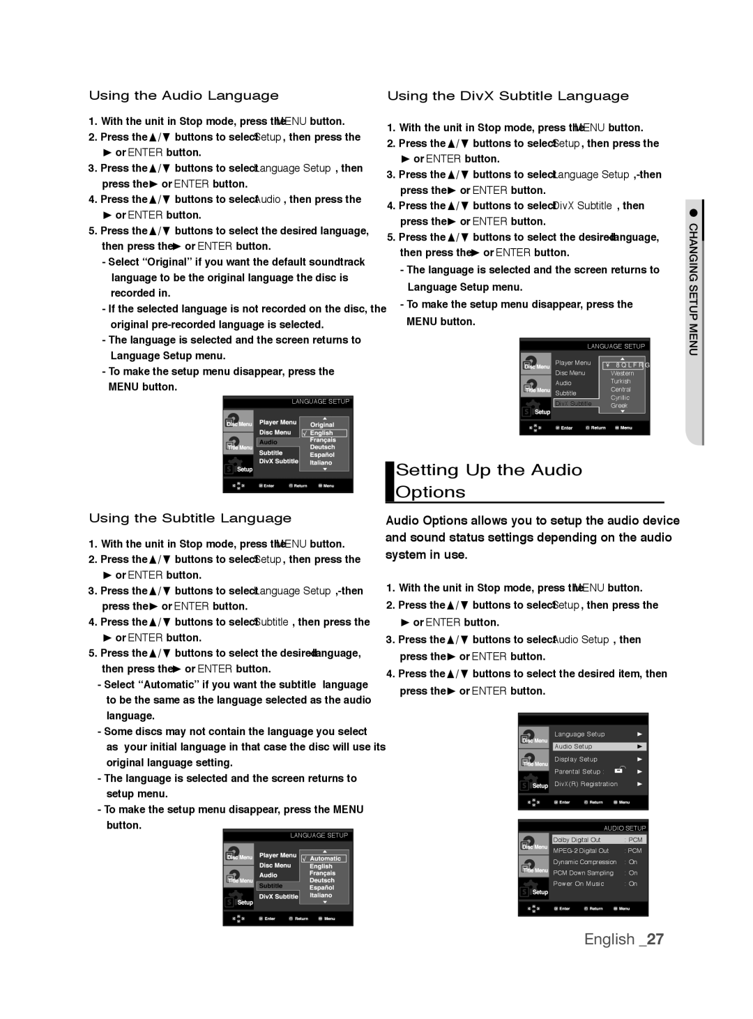 Samsung DVD-P390/XEL, DVD-P390/EDC Setting Up the Audio Options, Using the Audio Language, Using the Subtitle Language 