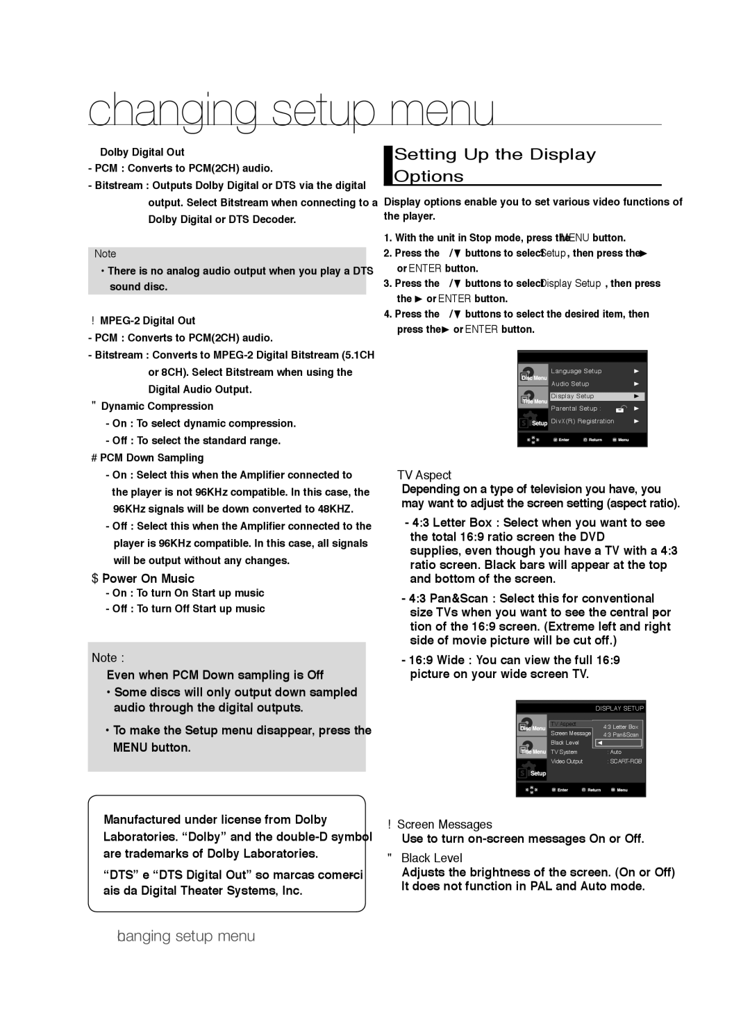 Samsung DVD-P390/EDC, DVD-P390/XEL manual Setting Up the Display Options, ❶ TV Aspect, ❷ Screen Messages, ❸ Black Level 