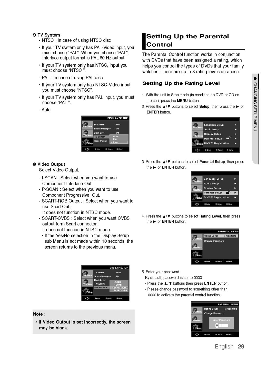 Samsung DVD-P390/XEL manual Setting Up the Parental Control, ❹ TV System, Setting Up the Rating Level, ❺ Video Output 