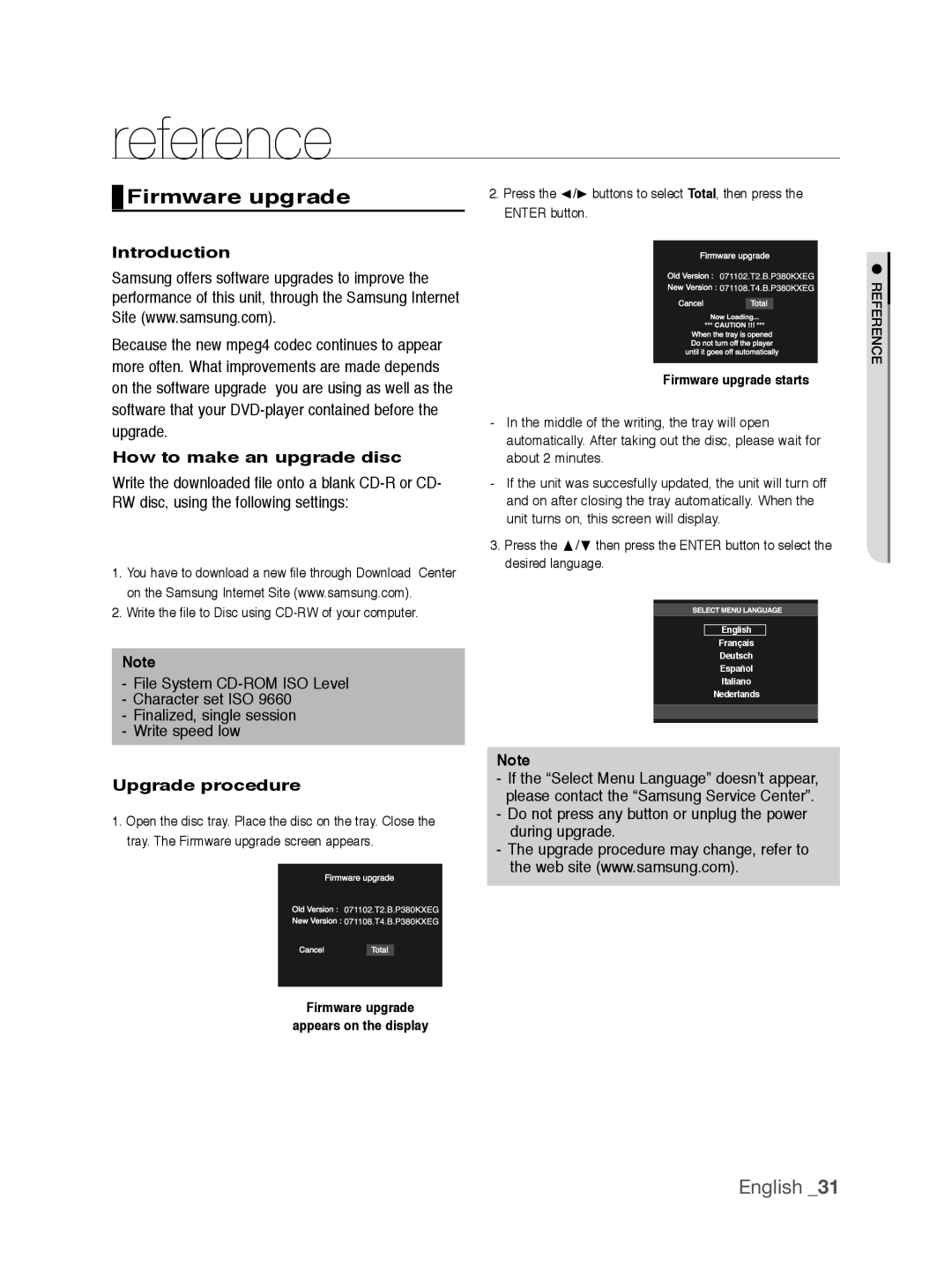 Samsung DVD-P390/XEL manual Reference, Firmware upgrade, Introduction, How to make an upgrade disc, Upgrade procedure 