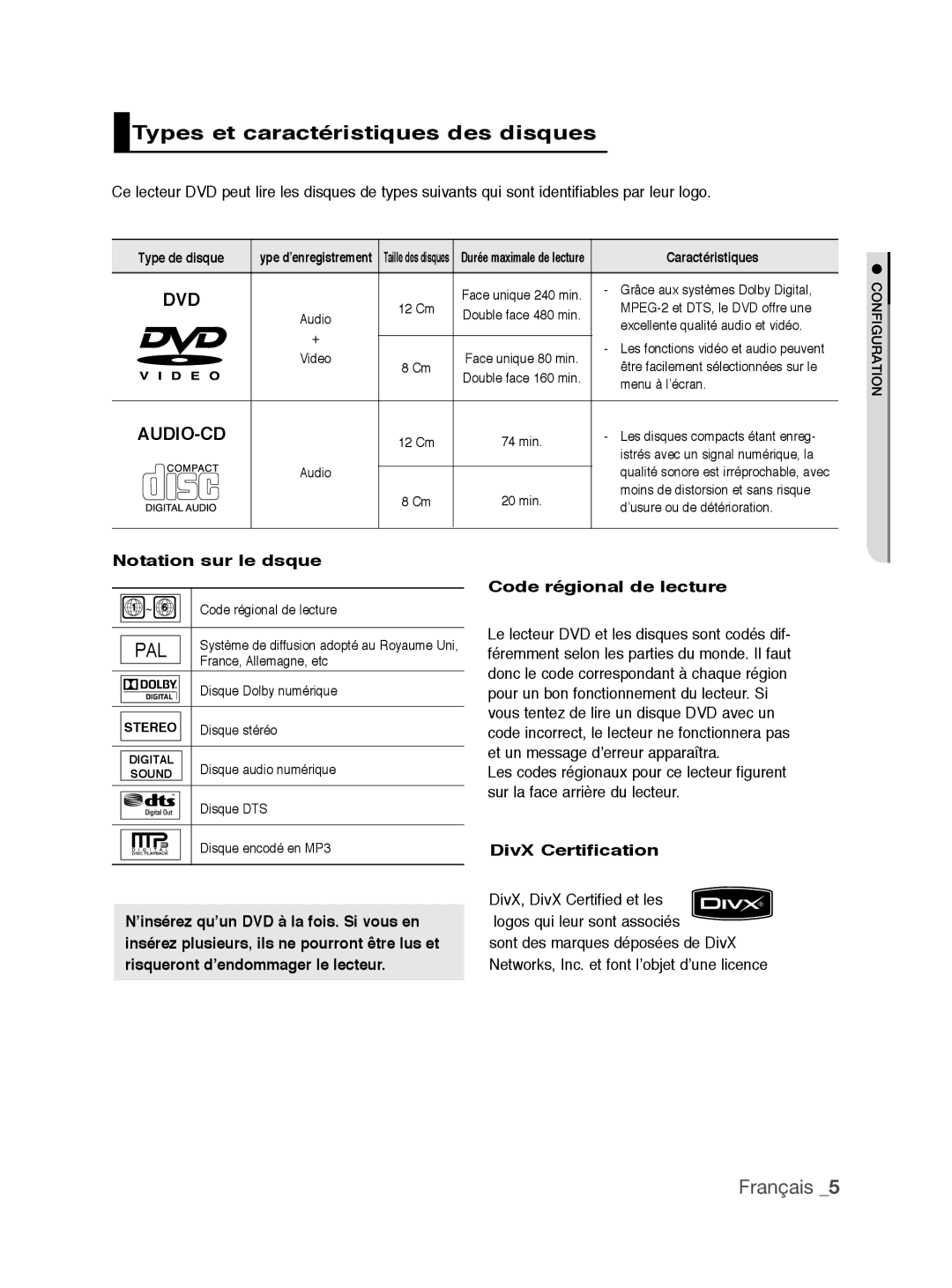 Samsung DVD-P390/XEL, DVD-P390/EDC Types et caractéristiques des disques, Notation sur le dsque, Code régional de lecture 