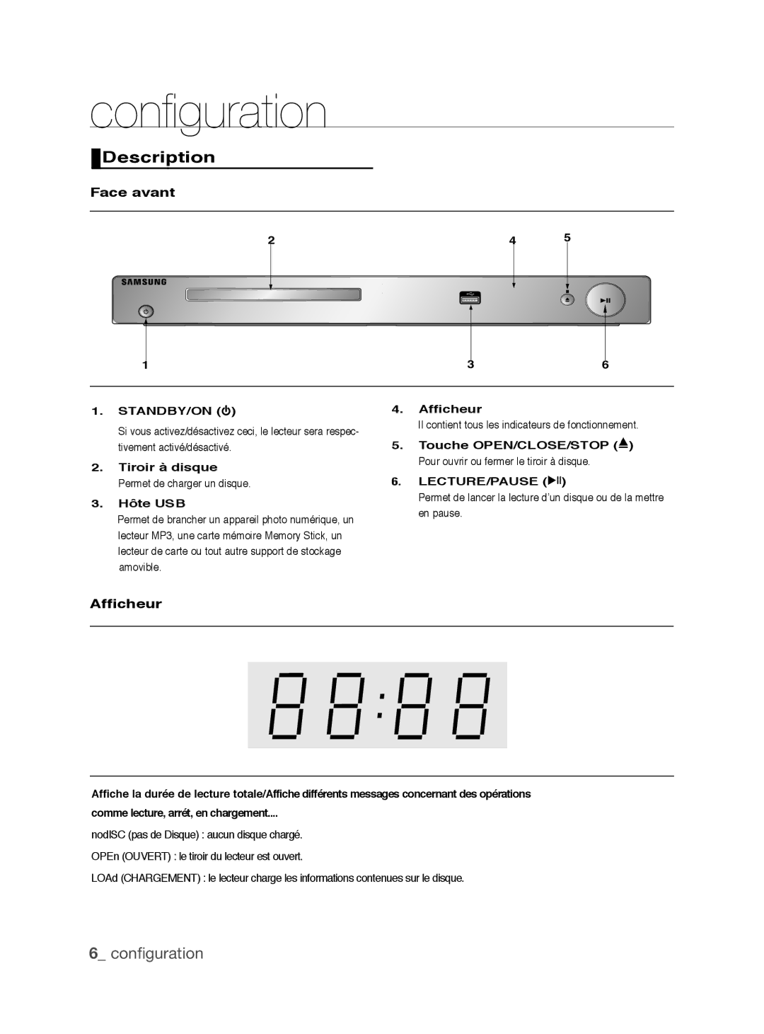 Samsung DVD-P390/EDC manual Face avant, Afficheur, Tiroir à disque Permet de charger un disque Hôte USB, Lecture/Pause 