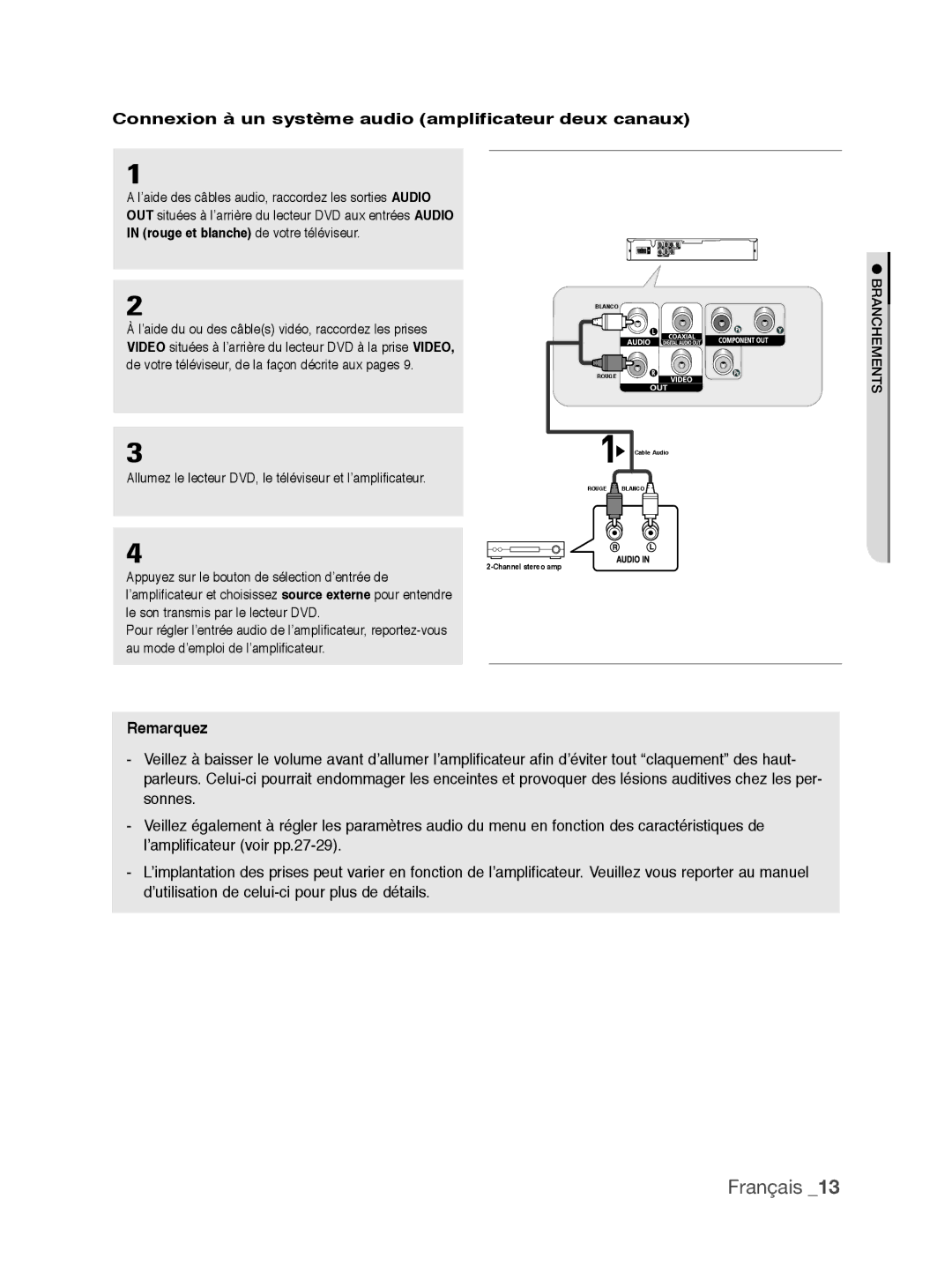 Samsung DVD-P390/XEL, DVD-P390/EDC manual Connexion à un système audio amplificateur deux canaux, Remarquez 