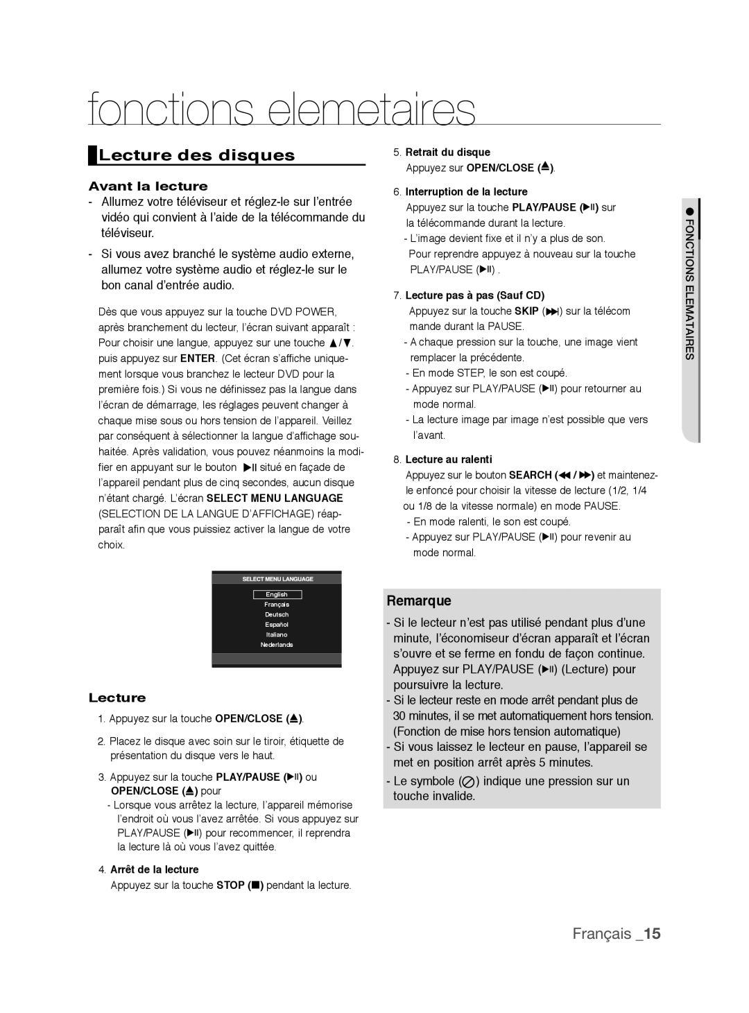 Samsung DVD-P390/XEL, DVD-P390/EDC manual Fonctions elemetaires, Lecture des disques, Remarque, Avant la lecture 