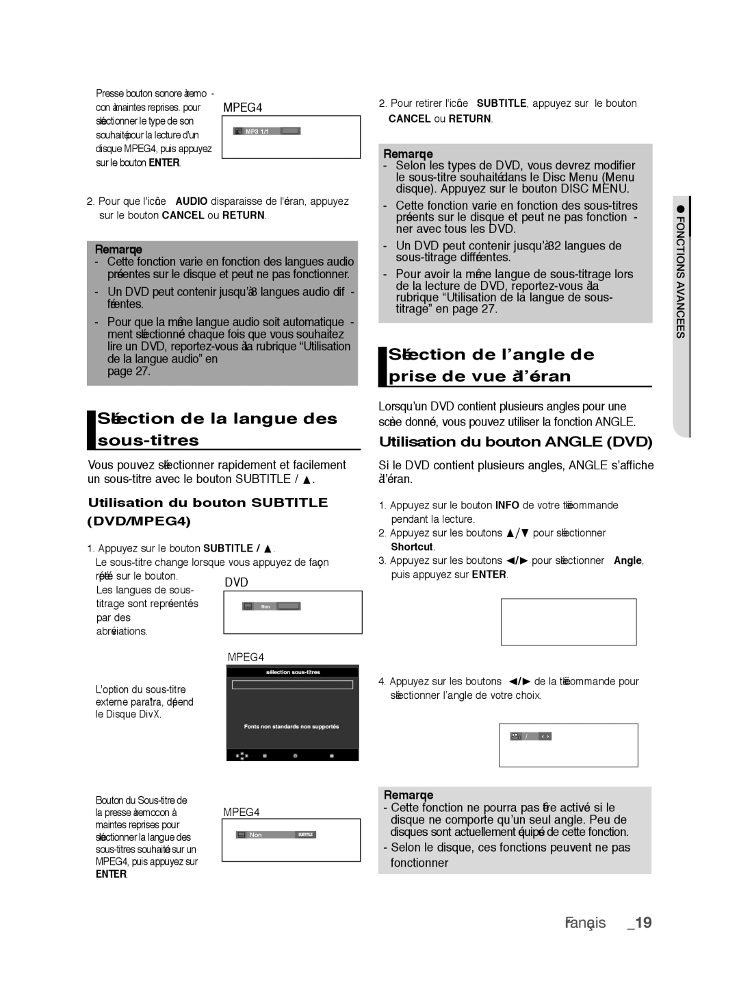 Samsung DVD-P390/XEL, DVD-P390/EDC Sélection de la langue des sous-titres, Sélection de l’angle de prise de vue à l’écran 