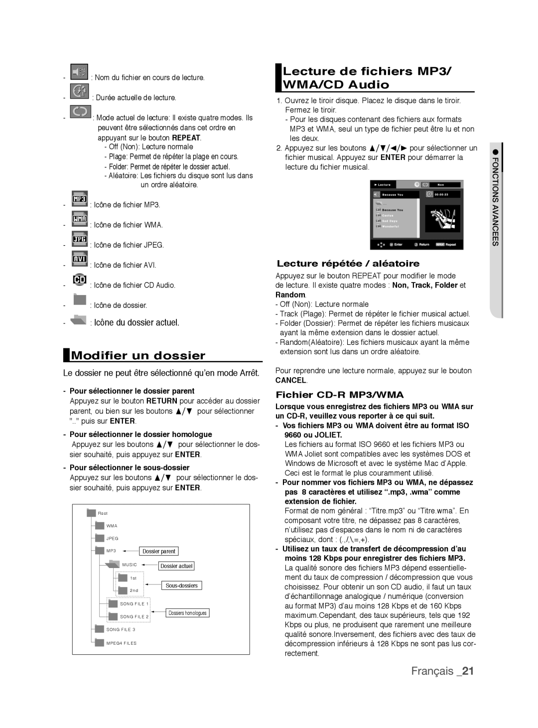 Samsung DVD-P390/XEL, DVD-P390/EDC Modifier un dossier, Lecture de fichiers MP3/ WMA/CD Audio, Icône du dossier actuel 