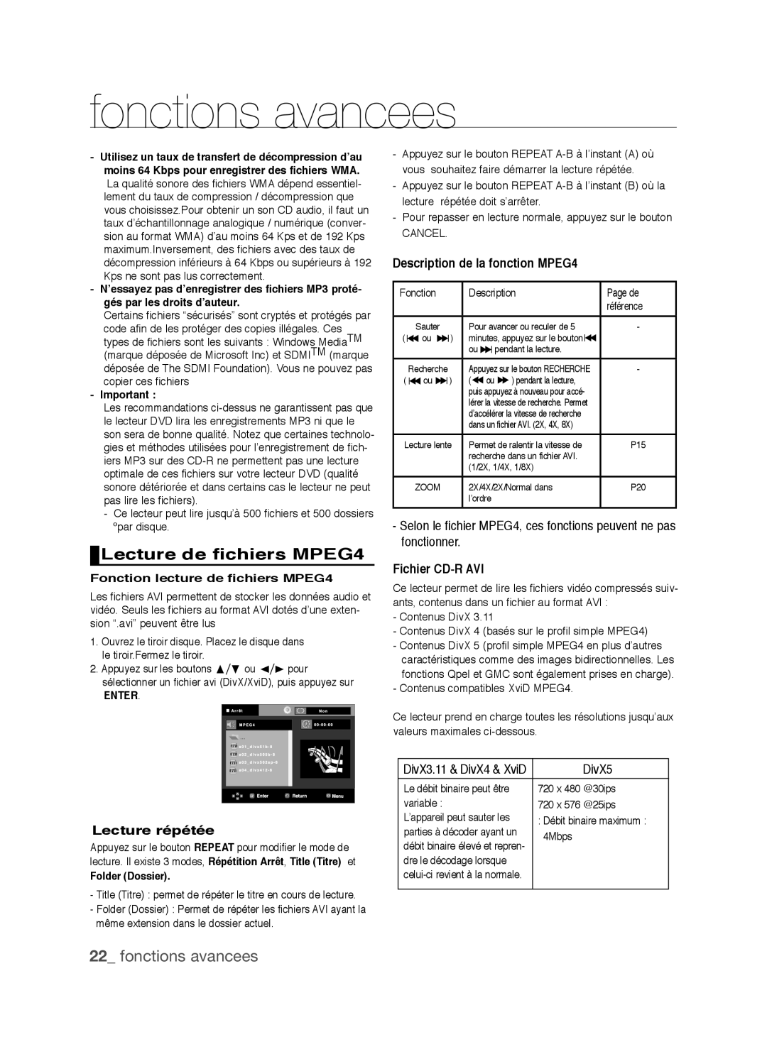 Samsung DVD-P390/EDC manual Lecture de fichiers MPEG4, Lecture répétée, Description de la fonction MPEG4, Fichier CD-R AVI 