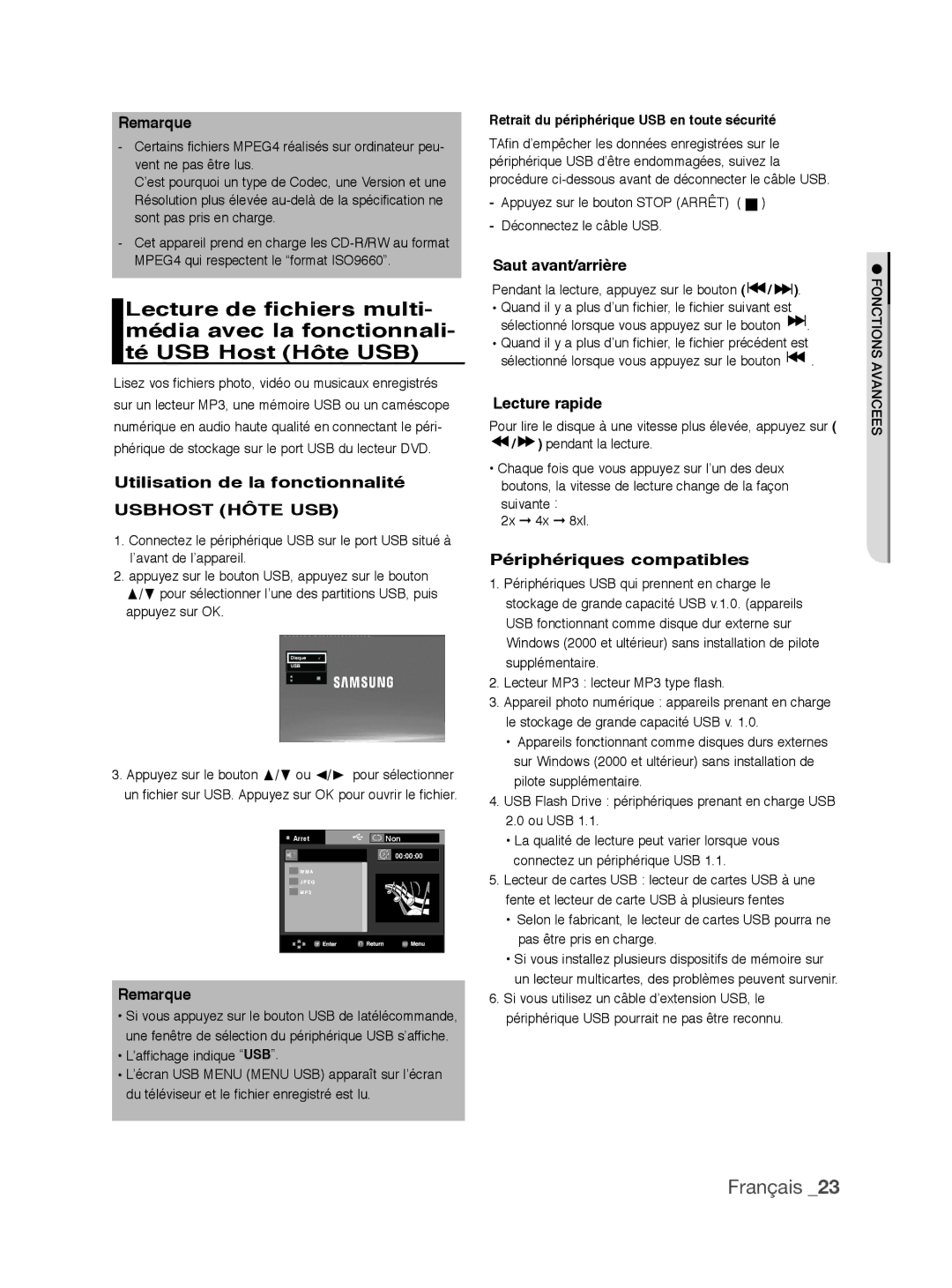 Samsung DVD-P390/XEL manual Utilisation de la fonctionnalité, Saut avant/arrière, Lecture rapide, Périphériques compatibles 