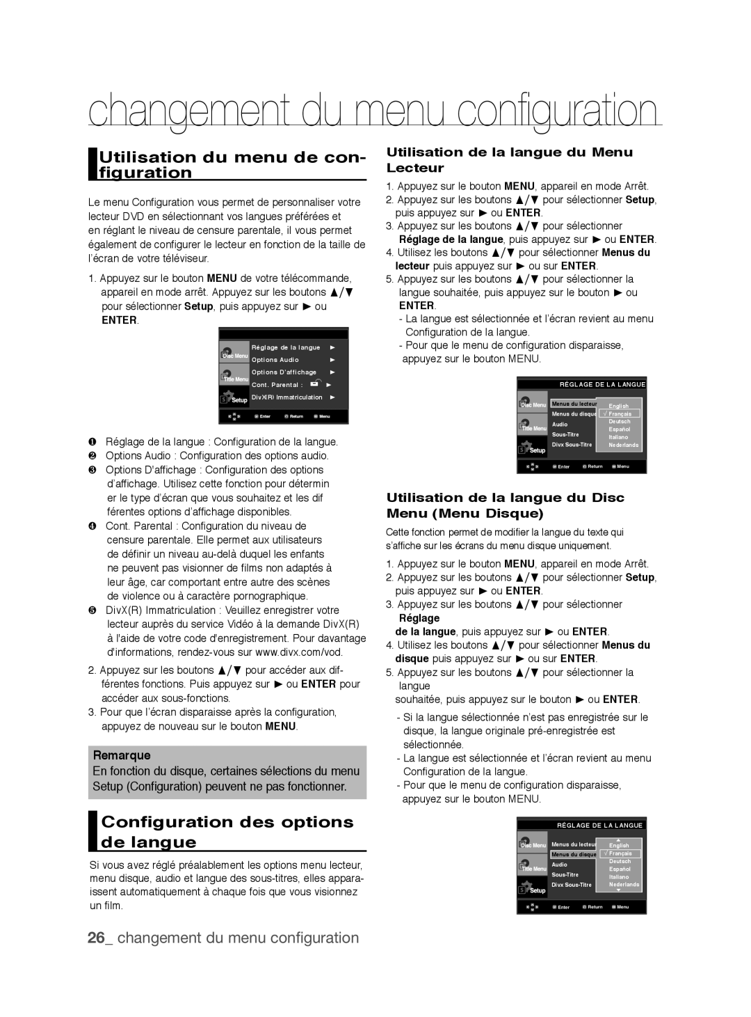 Samsung DVD-P390/EDC, DVD-P390/XEL manual Utilisation du menu de con- figuration, Configuration des options de langue 