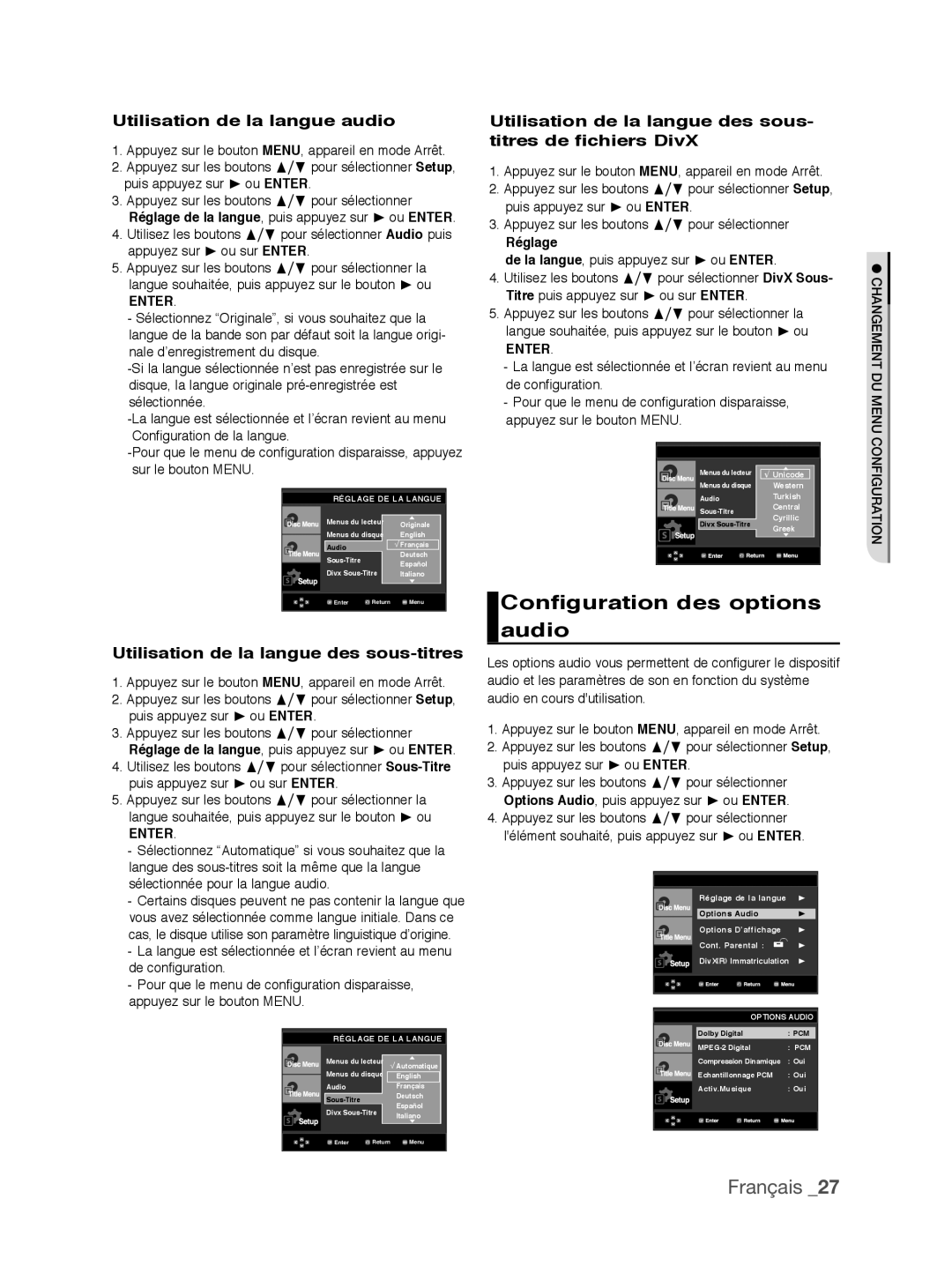 Samsung DVD-P390/XEL, DVD-P390/EDC manual Configuration des options audio, Utilisation de la langue audio 