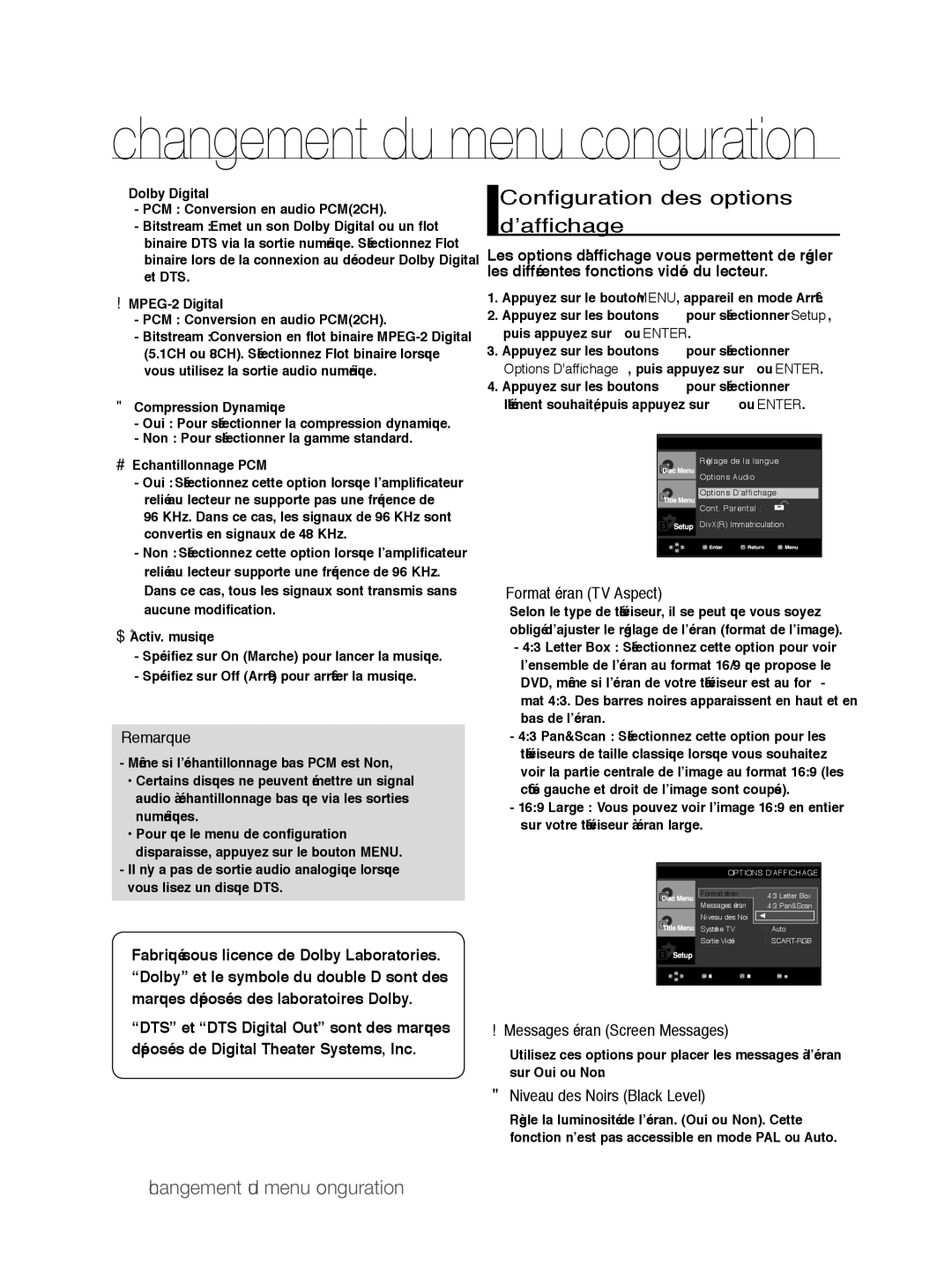 Samsung DVD-P390/EDC Configuration des options d’affichage, ❶ Format écran TV Aspect, ❷ Messages écran Screen Messages 