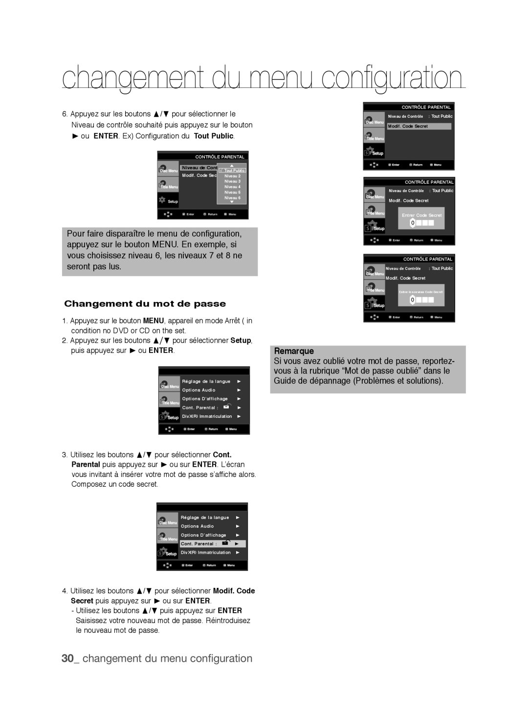 Samsung DVD-P390/EDC, DVD-P390/XEL manual Changement du mot de passe 