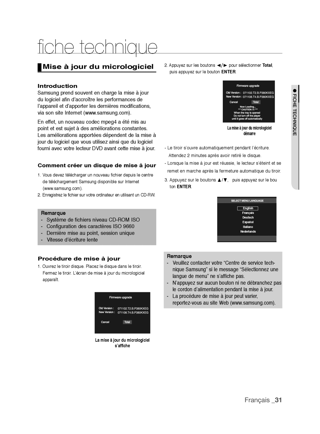 Samsung DVD-P390/XEL manual Mise à jour du micrologiciel, Comment créer un disque de mise à jour, Procédure de mise à jour 