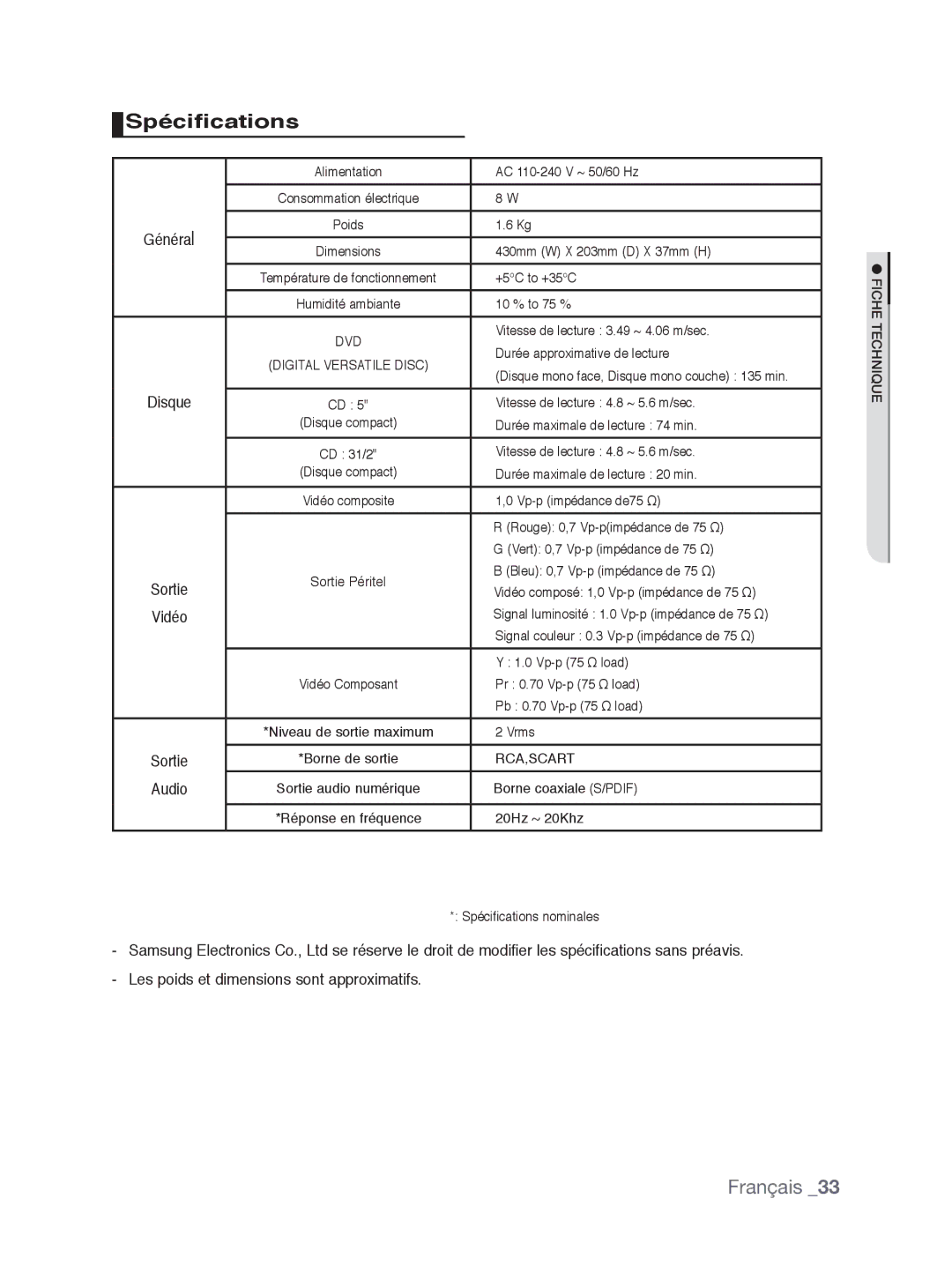 Samsung DVD-P390/XEL, DVD-P390/EDC manual Spécifications, Disque, Audio, Les poids et dimensions sont approximatifs 