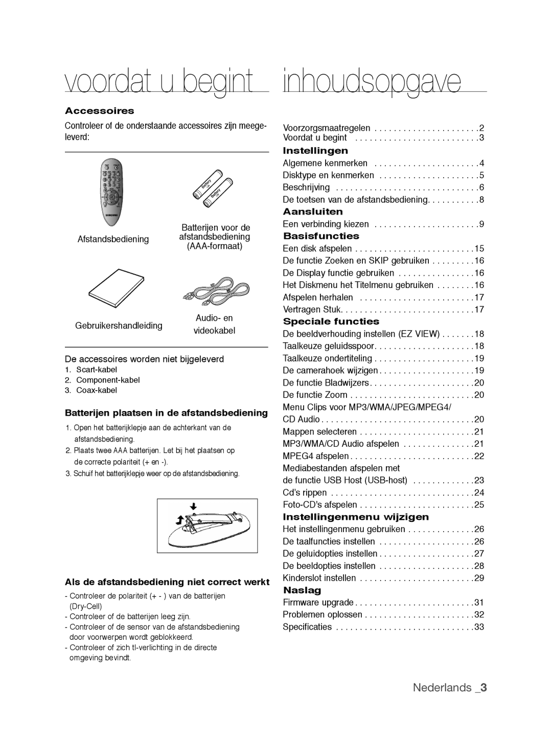 Samsung DVD-P390/EDC, DVD-P390/XEL manual Inhoudsopgave, Nederlands  