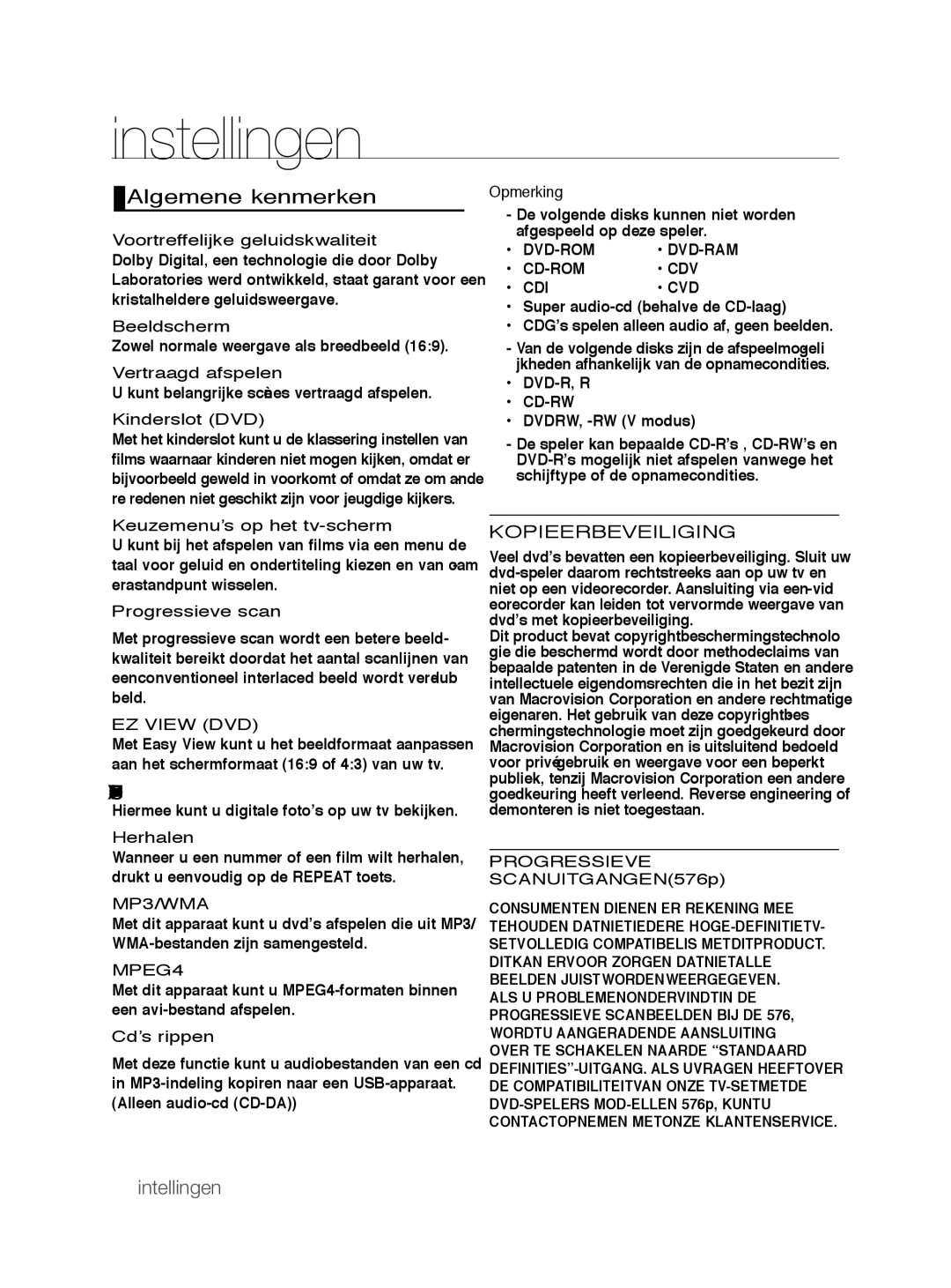 Samsung DVD-P390/XEL, DVD-P390/EDC manual Instellingen, Algemene kenmerken,  intellingen 