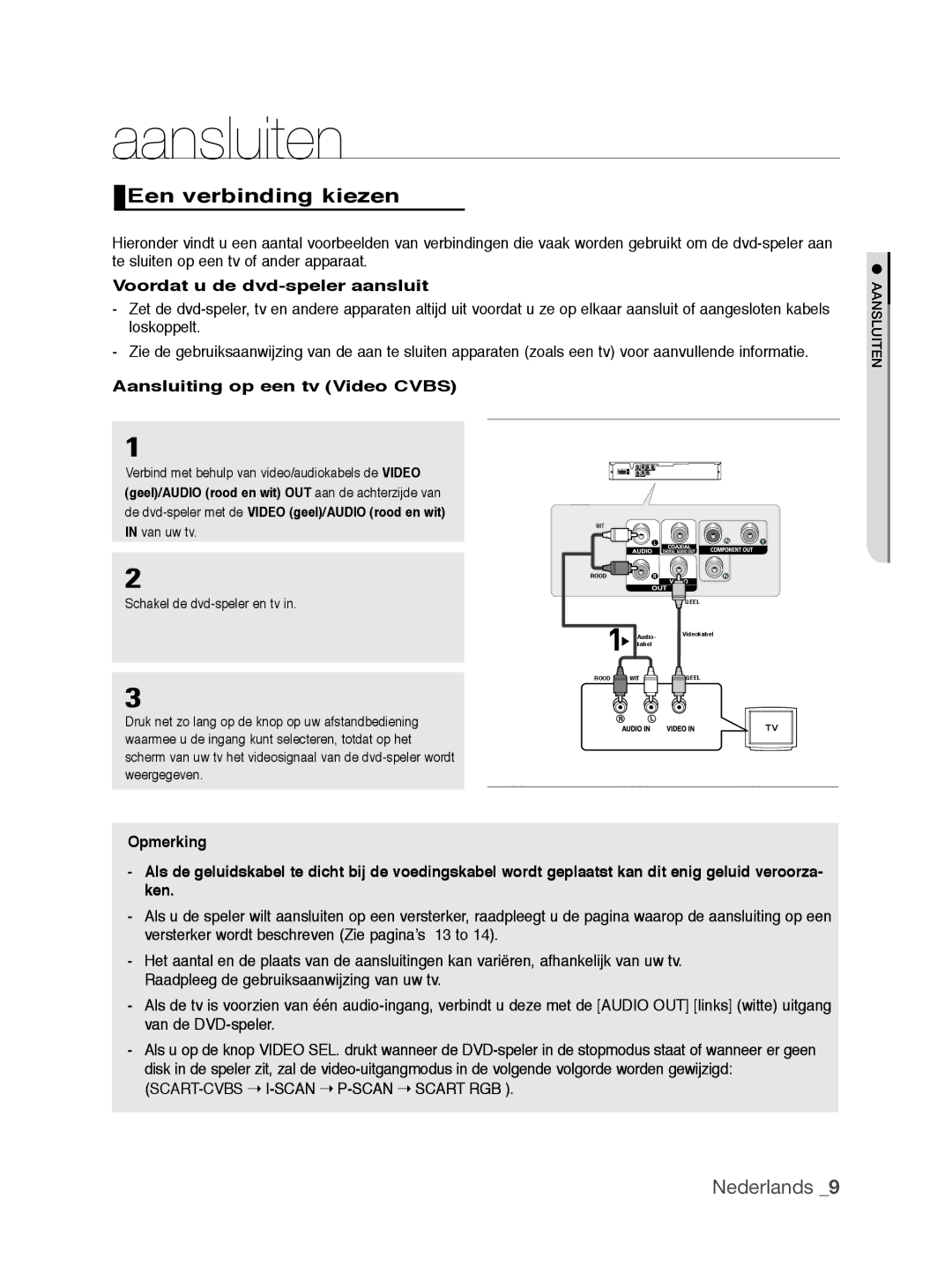 Samsung DVD-P390/EDC Aansluiten, Een verbinding kiezen, Voordat u de dvd-speler aansluit, Aansluiting op een tv Video Cvbs 