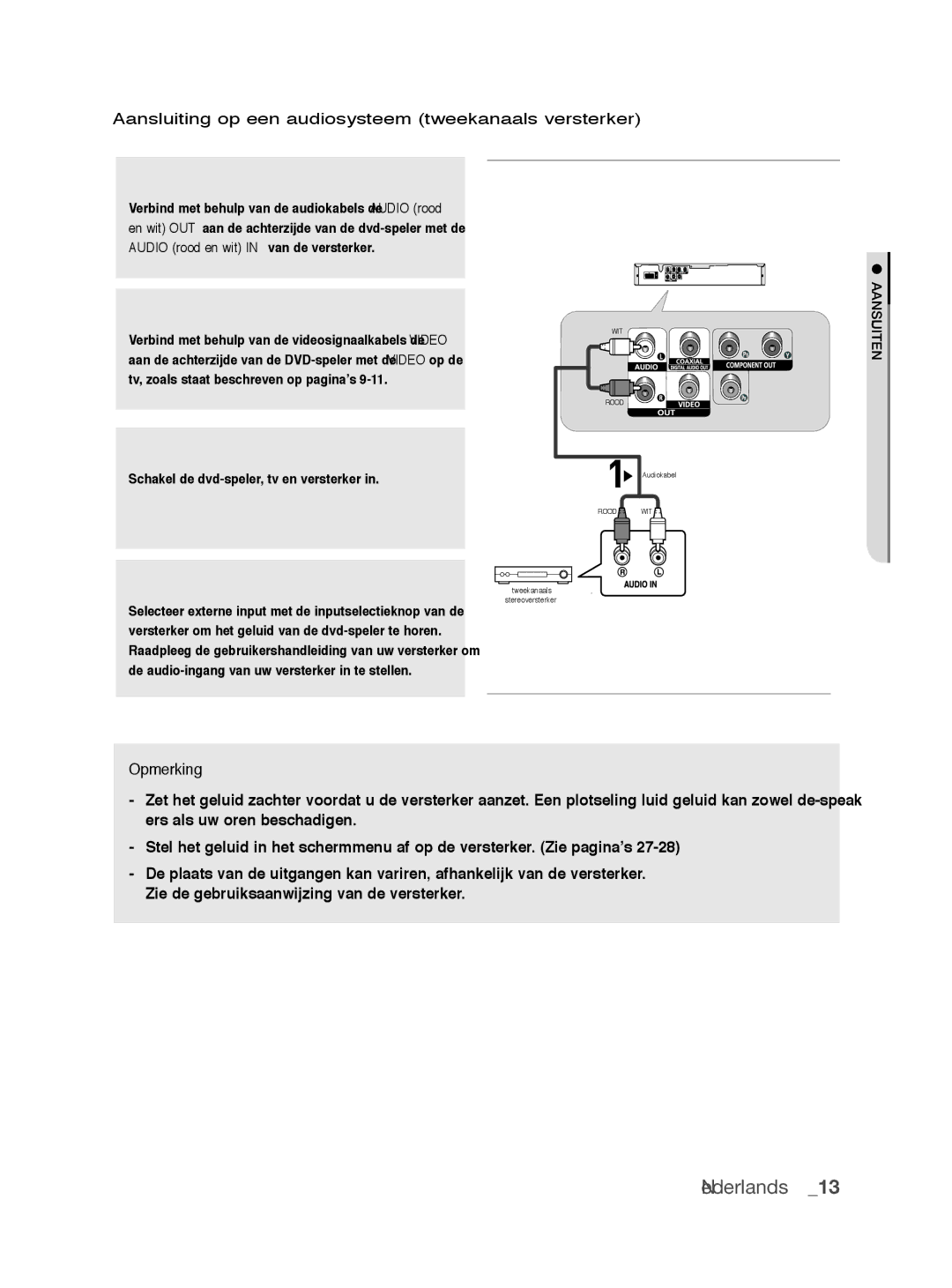 Samsung DVD-P390/EDC manual Aansluiting op een audiosysteem tweekanaals versterker, Schakel de dvd-speler, tv en versterker 