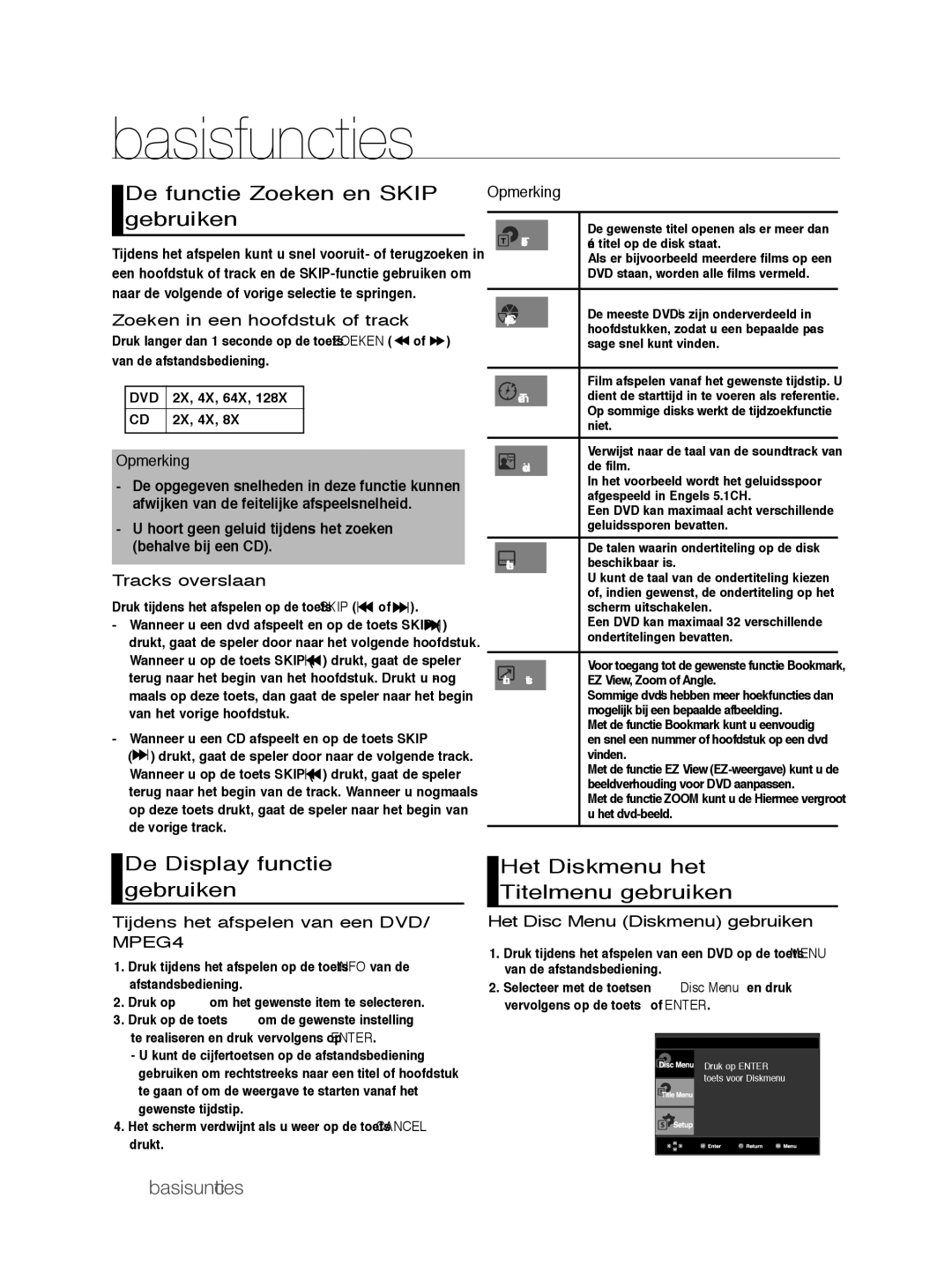 Samsung DVD-P390/XEL, DVD-P390/EDC manual De functie Zoeken en Skip gebruiken, De Display functie gebruiken, Basisfuncties 