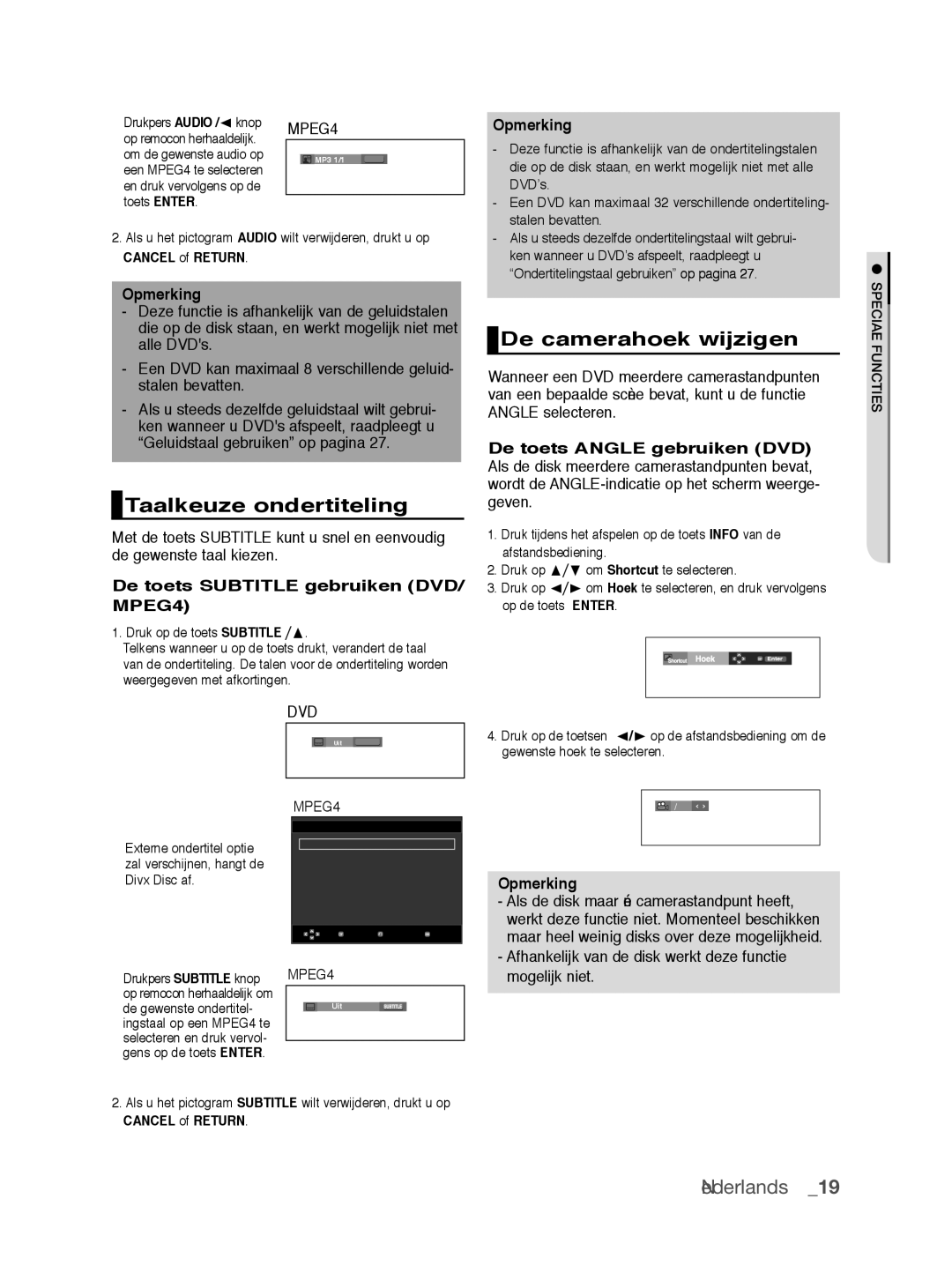 Samsung DVD-P390/EDC, DVD-P390/XEL Taalkeuze ondertiteling, De camerahoek wijzigen, De toets Subtitle gebruiken DVD/ MPEG4 