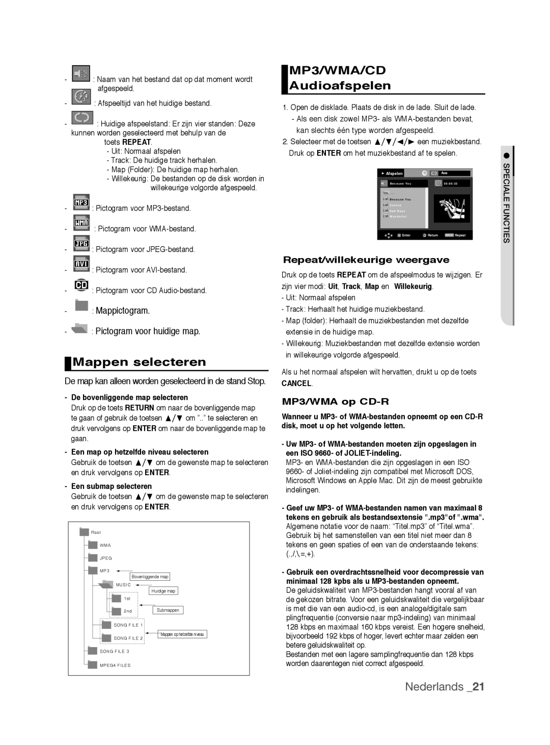 Samsung DVD-P390/EDC manual Mappen selecteren, Audioafspelen, Mappictogram Pictogram voor huidige map, MP3/WMA op CD-R 