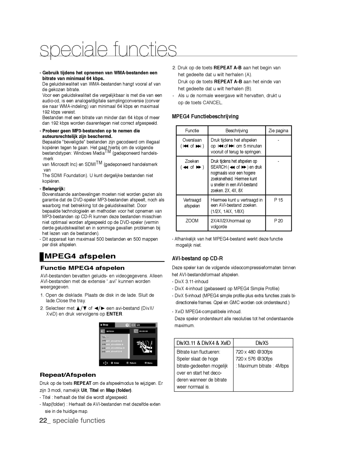 Samsung DVD-P390/XEL manual MPEG4 Functiebeschrijving, Functie MPEG4 afspelen, Repeat/Afspelen, AVI-bestand op CD-R 