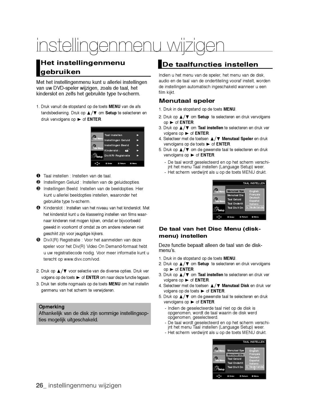 Samsung DVD-P390/XEL Instellingenmenu wijzigen, Het instellingenmenu gebruiken, De taalfuncties instellen, Menutaal speler 