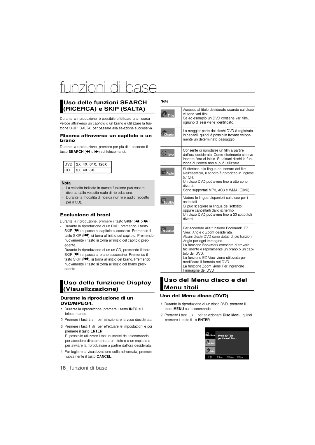 Samsung DVD-P390/EDC manual Uso delle funzioni Search Ricerca e Skip Salta, Uso della funzione Display Visualizzazione 