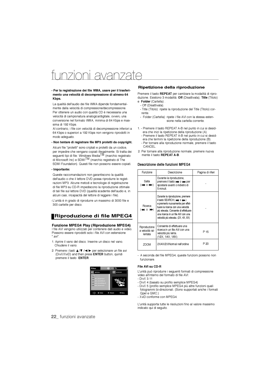 Samsung DVD-P390/EDC Riproduzione di file MPEG4, Funzione MPEG4 Play Riproduzione MPEG4, Ripetizione della riproduzione 