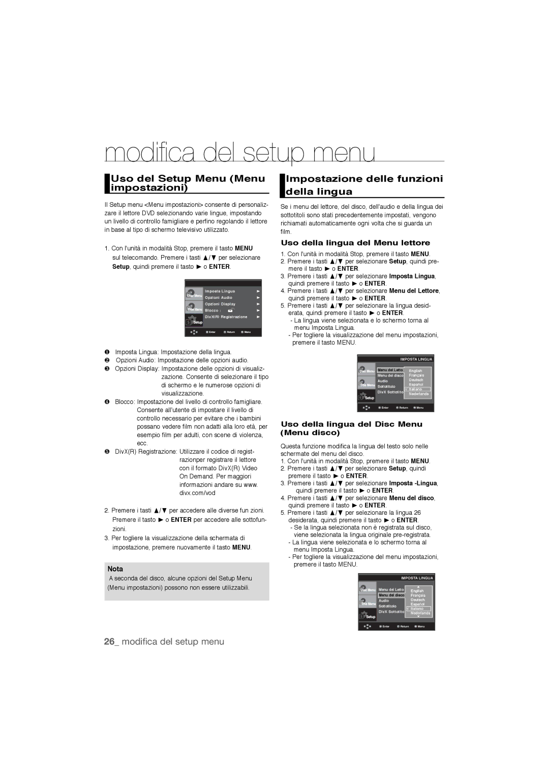 Samsung DVD-P390/EDC Modiﬁ ca del setup menu, Uso del Setup Menu Menu impostazioni, Uso della lingua del Menu lettore 