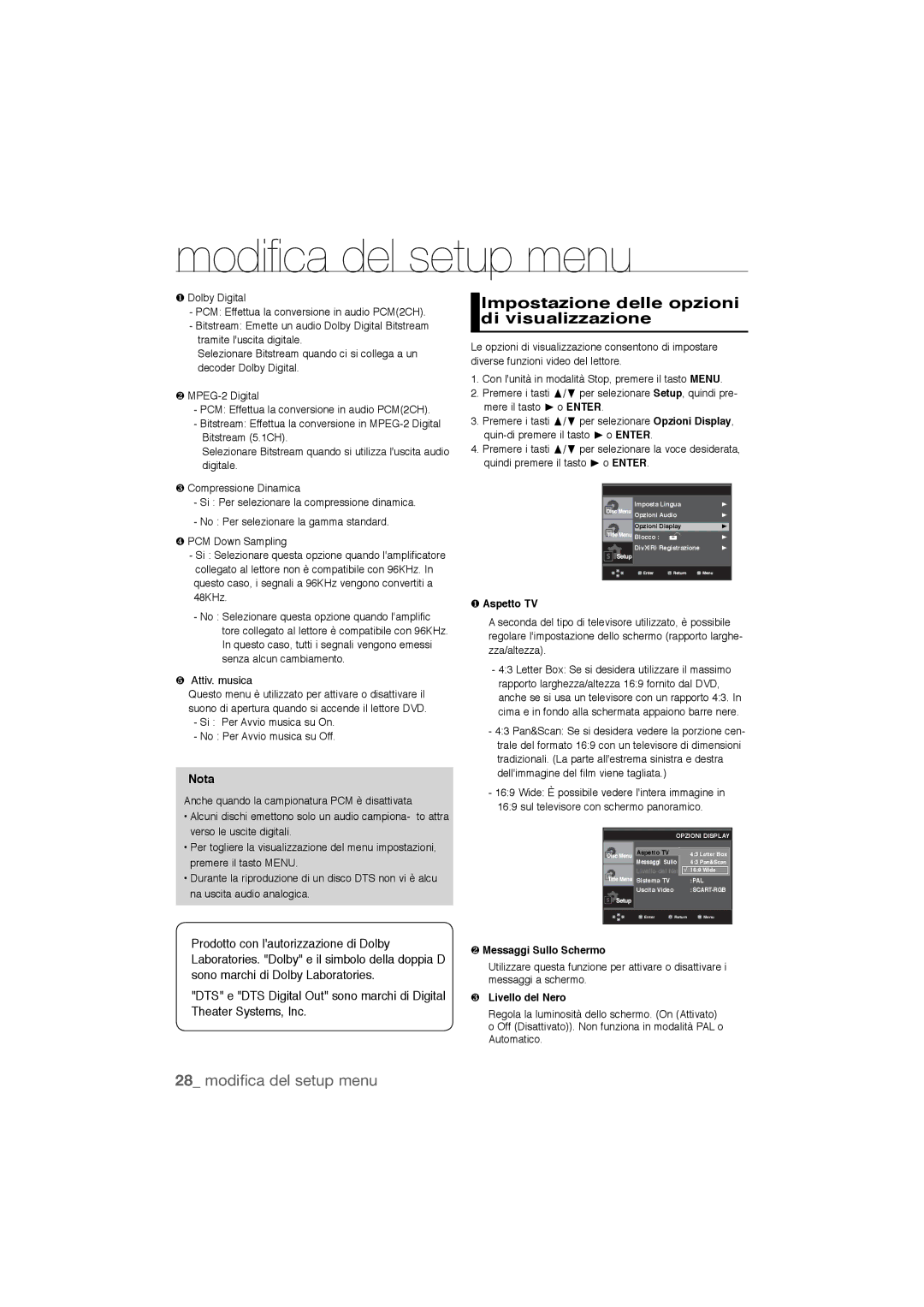 Samsung DVD-P390/EDC Impostazione delle opzioni di visualizzazione, Si Per Avvio musica su On No Per Avvio musica su Off 