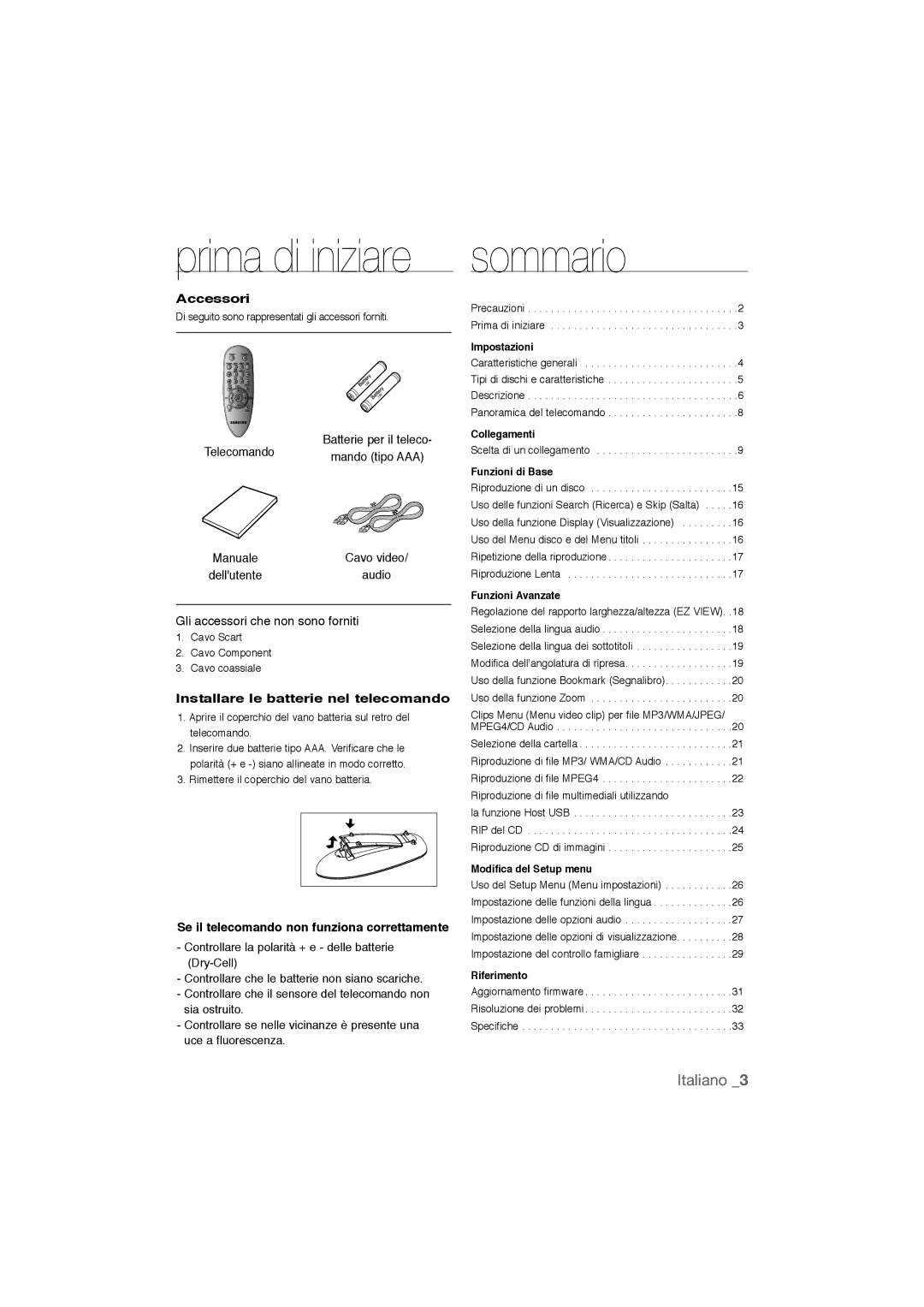 Samsung DVD-P390/XET, DVD-P390/EDC manual Sommario, Accessori, Installare le batterie nel telecomando 