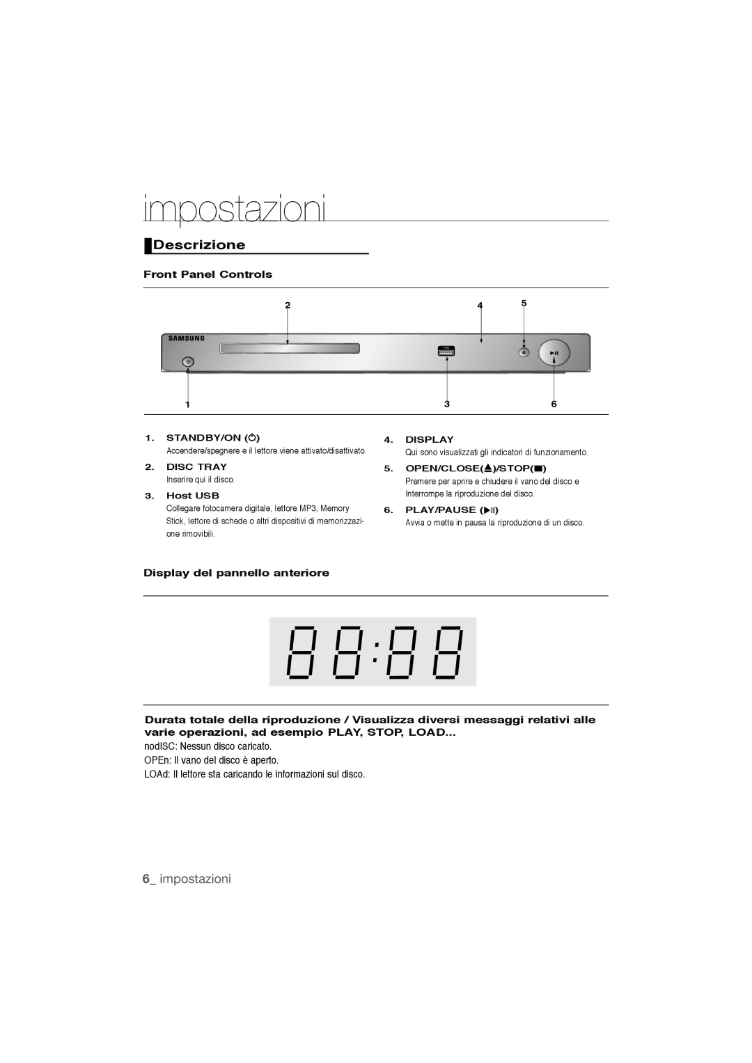 Samsung DVD-P390/EDC Descrizione, Front Panel Controls, Host USB, Qui sono visualizzati gli indicatori di funzionamento 