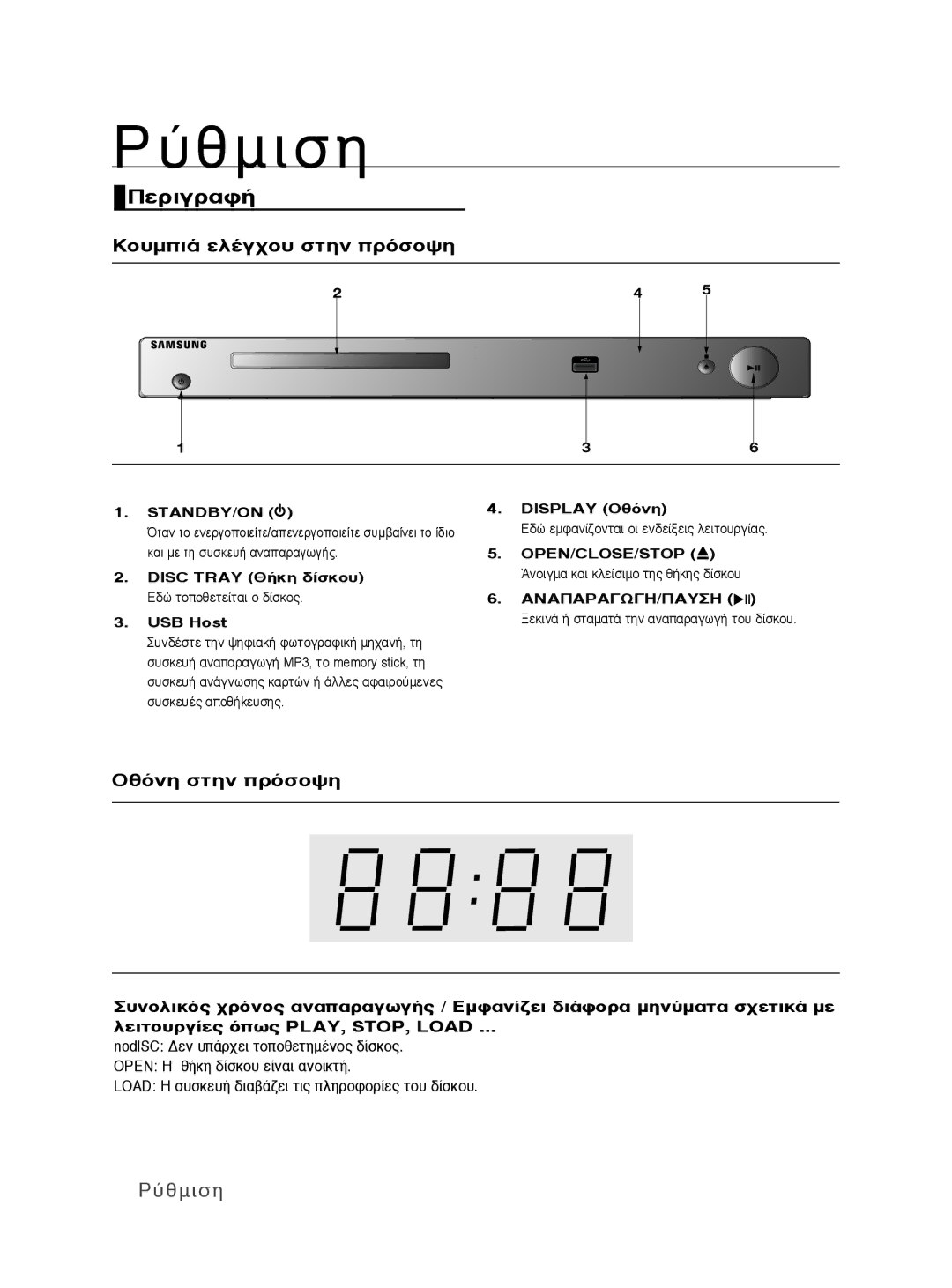 Samsung DVD-P390/EDC manual ¶Âúèáú∙Ê‹, ÏÂÈÙÔ˘ÚÁ›Ẫ ̂̃ PLAY, STOP, Load, Standby/On, Display √ıÓË 