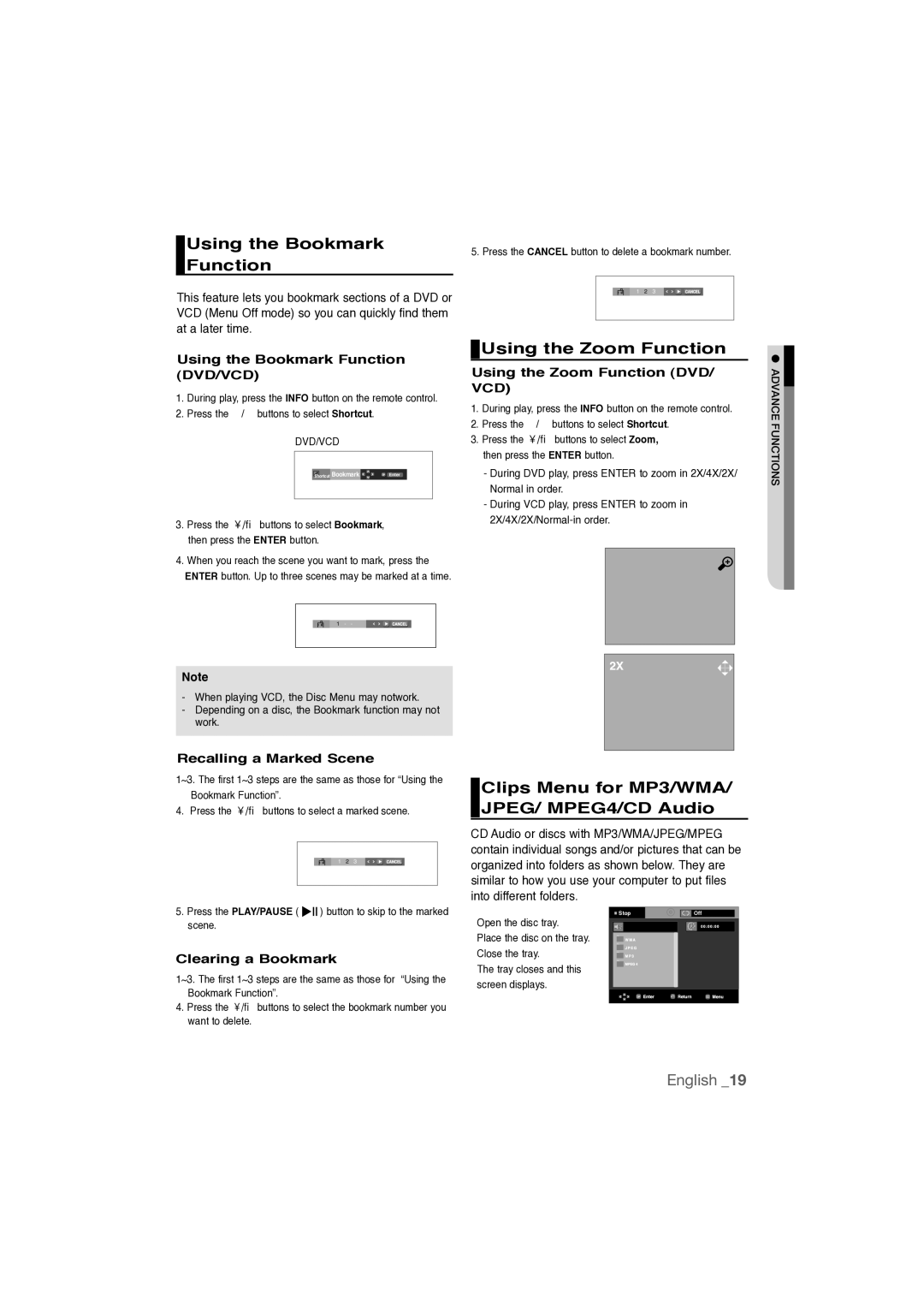 Samsung AK68-01808C Using the Bookmark Function, Using the Zoom Function, Clips Menu for MP3/WMA/ JPEG/ MPEG4/CD Audio 