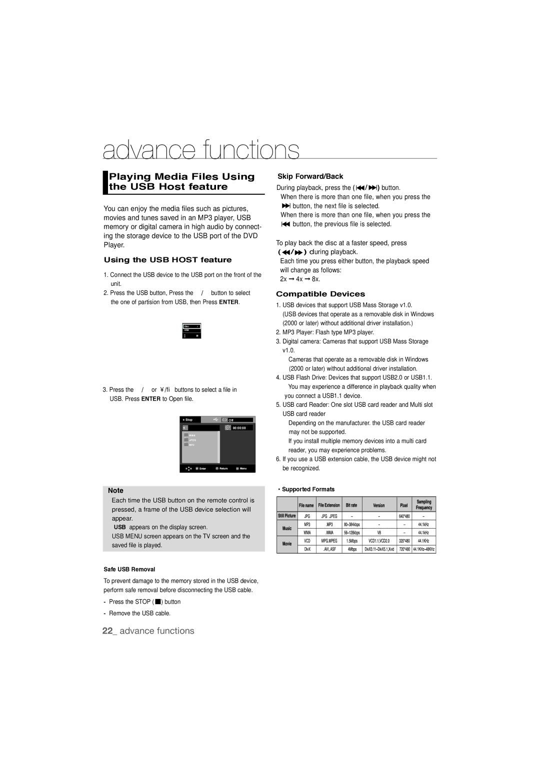 Samsung DVD-P390K, AK68-01808C Playing Media Files Using the USB Host feature, Skip Forward/Back, Compatible Devices 