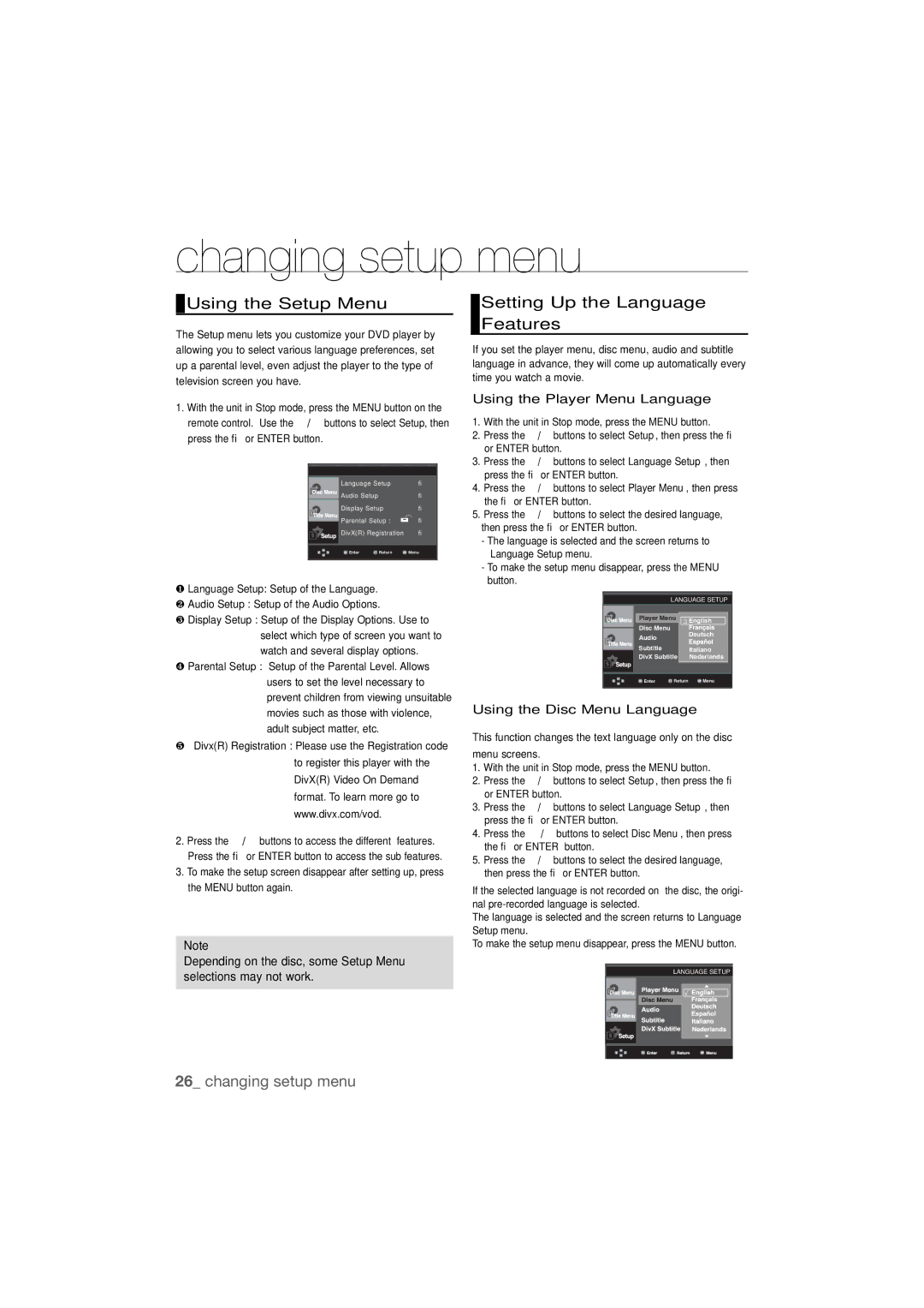 Samsung DVD-P390K, AK68-01808C user manual Changing setup menu, Using the Setup Menu, Setting Up the Language Features 