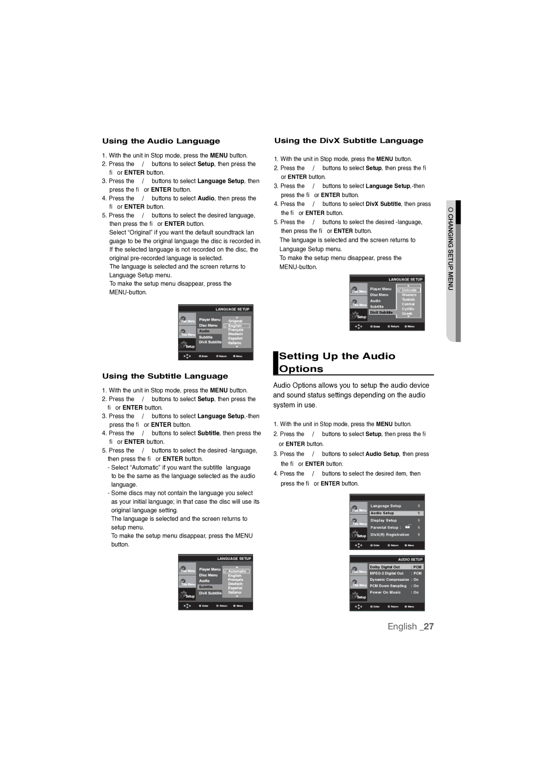 Samsung AK68-01808C, DVD-P390K Setting Up the Audio, Options, Using the Audio Language Using the DivX Subtitle Language 